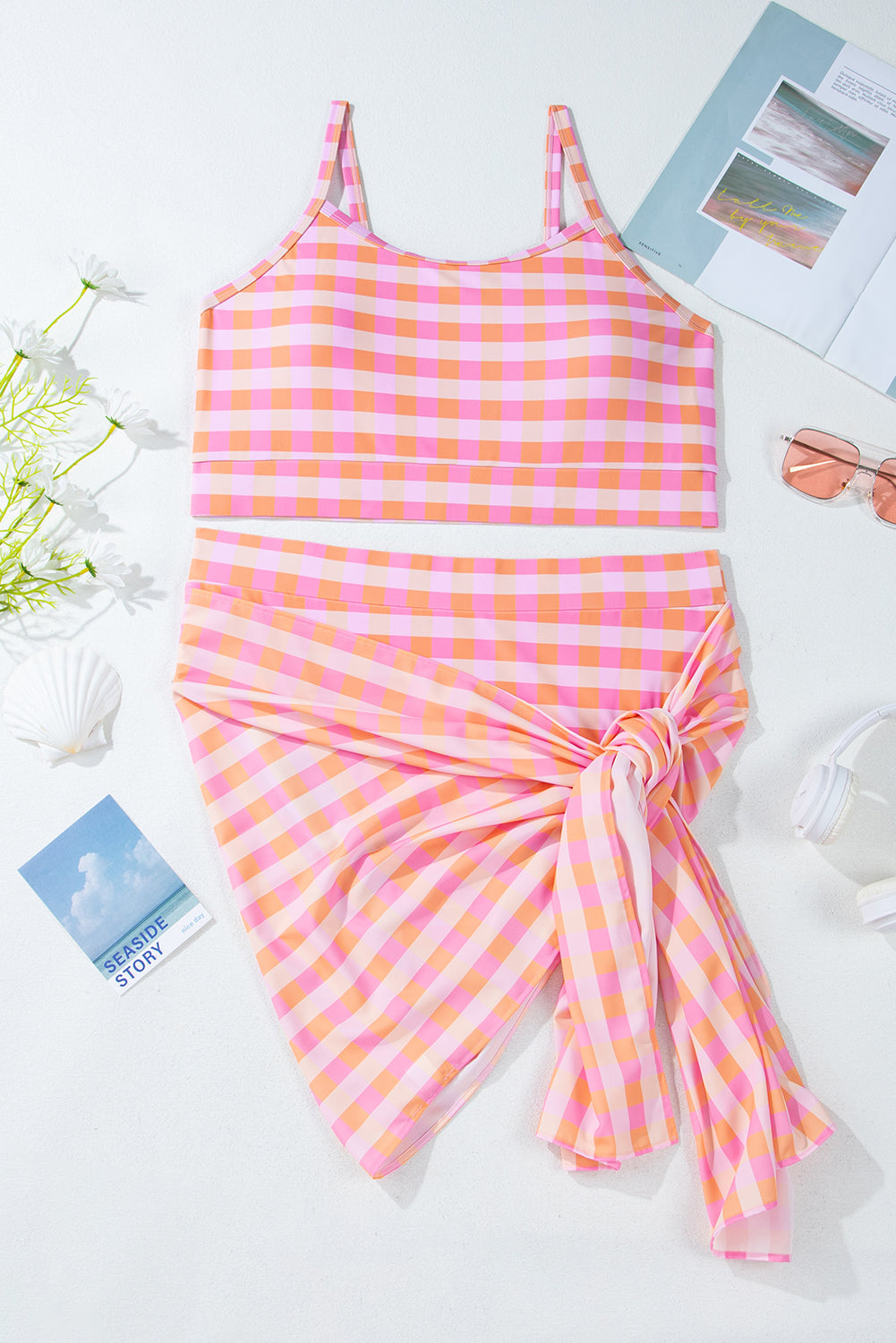 Plus Size Pink Plaid Print High Waist Bikini Set