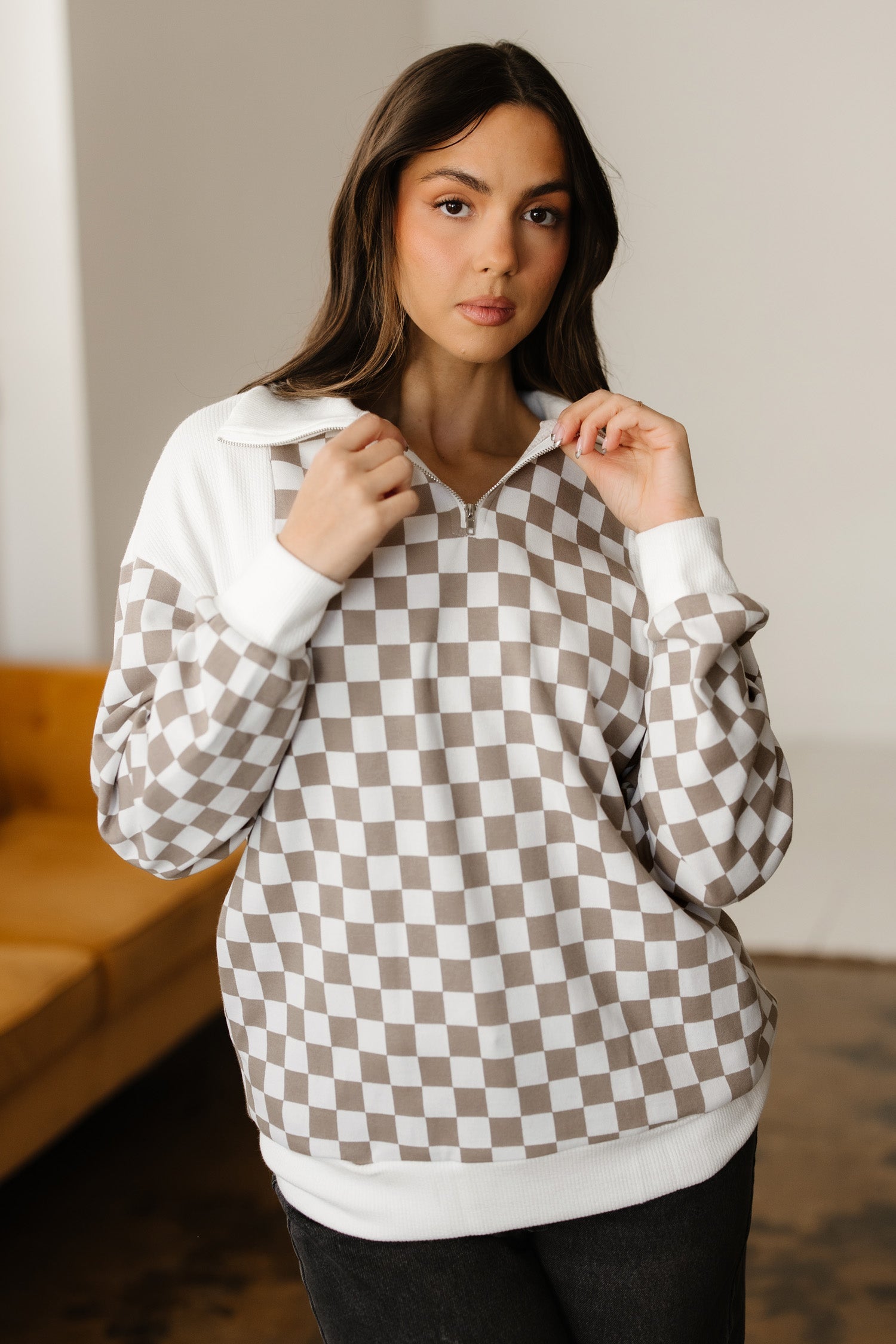 Quarter Patchwork Zip Rib-Knit Loose Sweatshirt