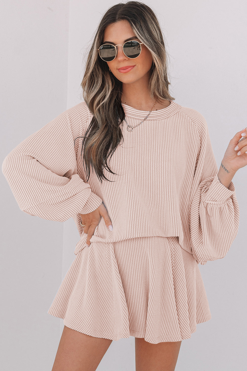 Stream Corded Jet Corded Lantern Sleeve Top High-Waisted Ruffled Mini Skort Set