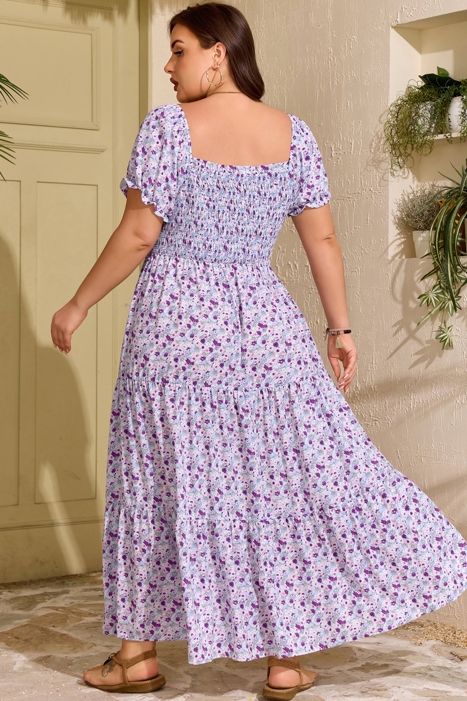 Size Floral-Print Plus Floral-Print Square Neck Smocked Maxi Dress in Purple