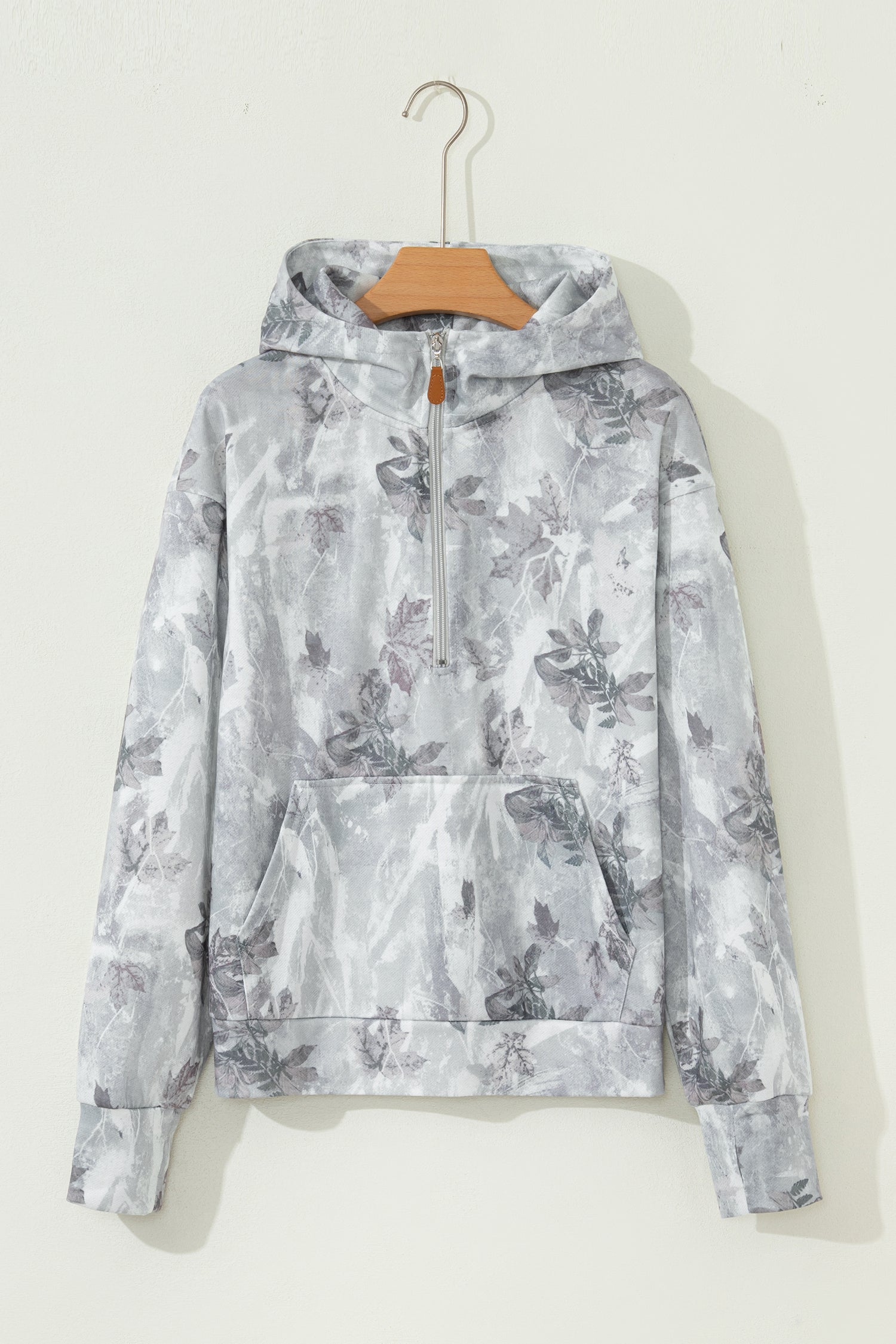 Print Camo Leaf Kangaroo Pocket Quarter Zip Hoodie