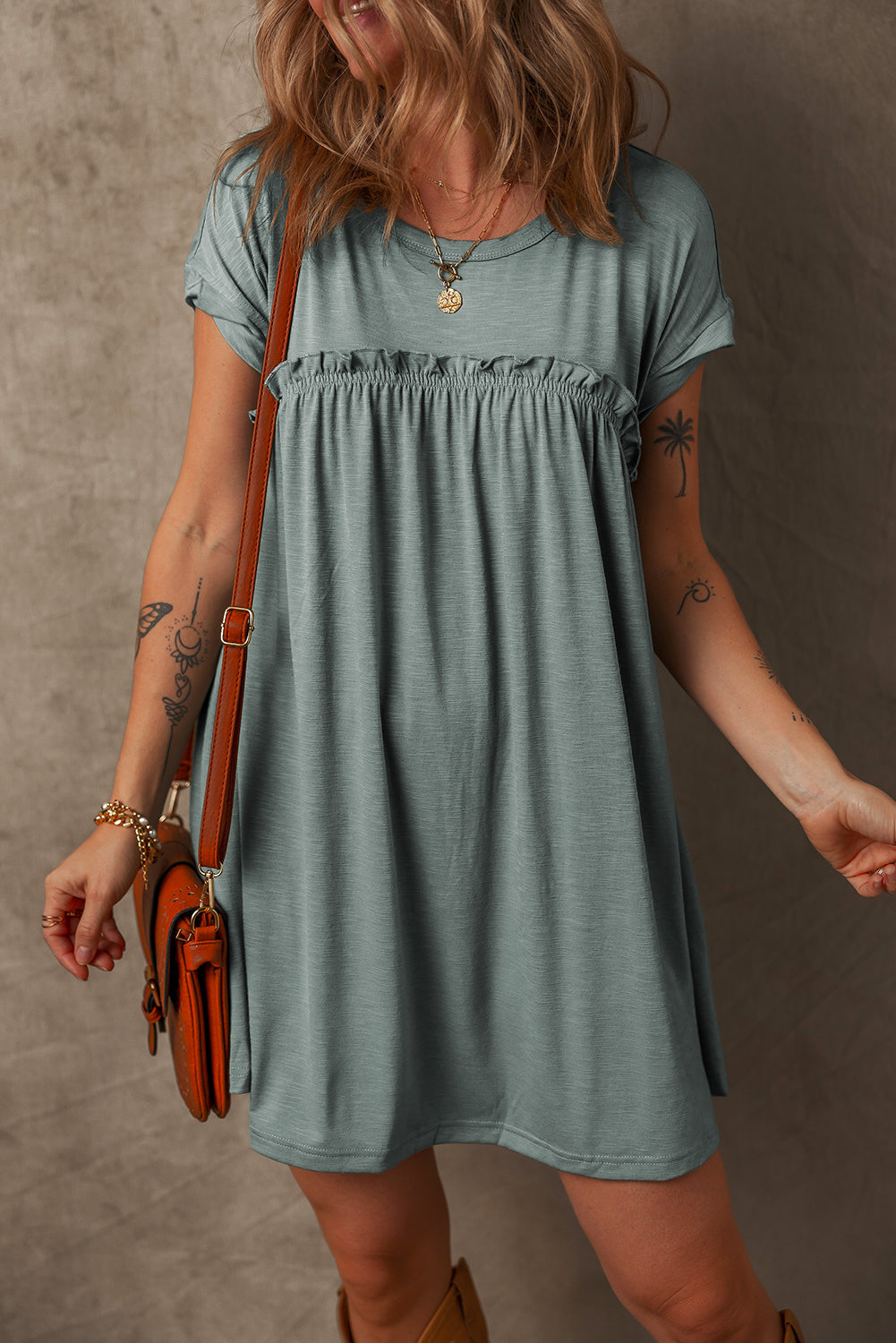 Frilled Gathered Seam T Shirt Dress