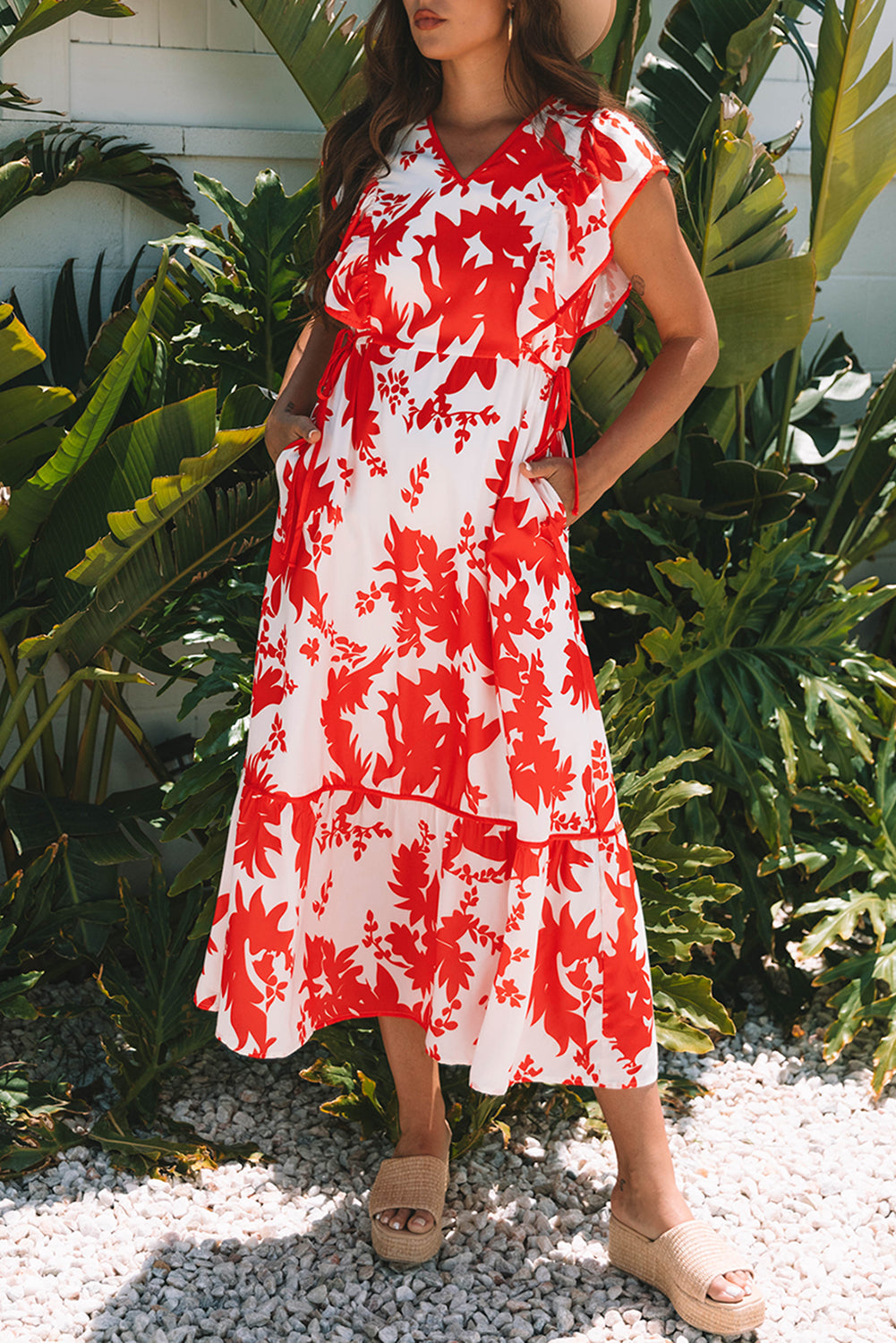 Floral-Print Ruffle Trimmed V-Neck Sleeve Long Dress