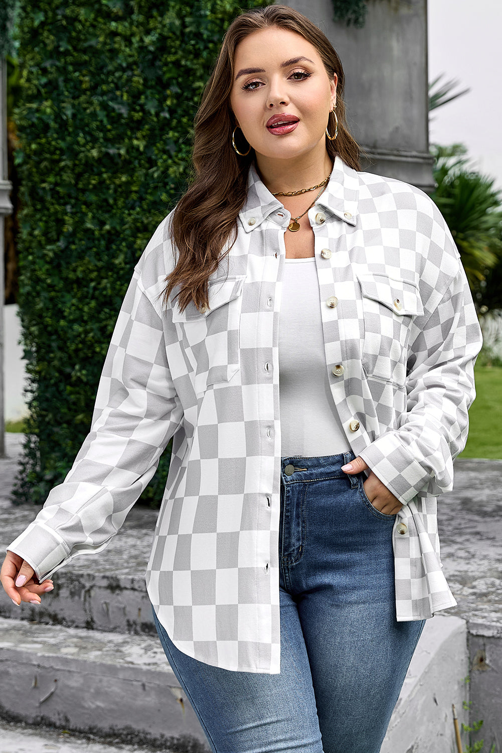 Checkered Plus Size Button-Front Down Everyday Western Jacket in Khaki