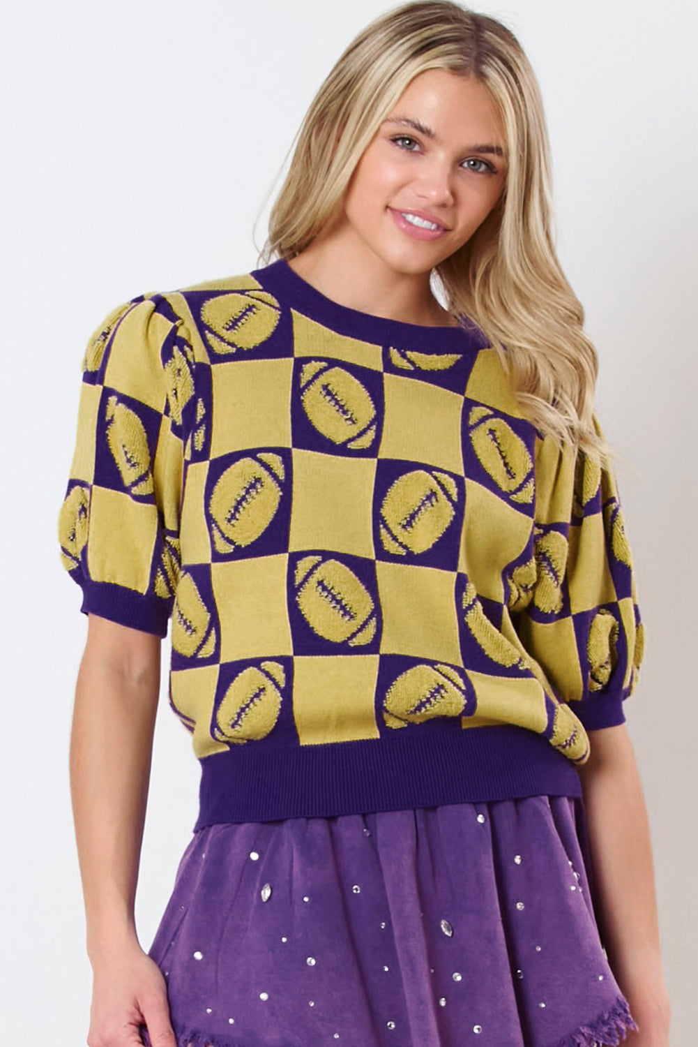 Rugby Plaid Color Block Puff Short Sleeve Sweater