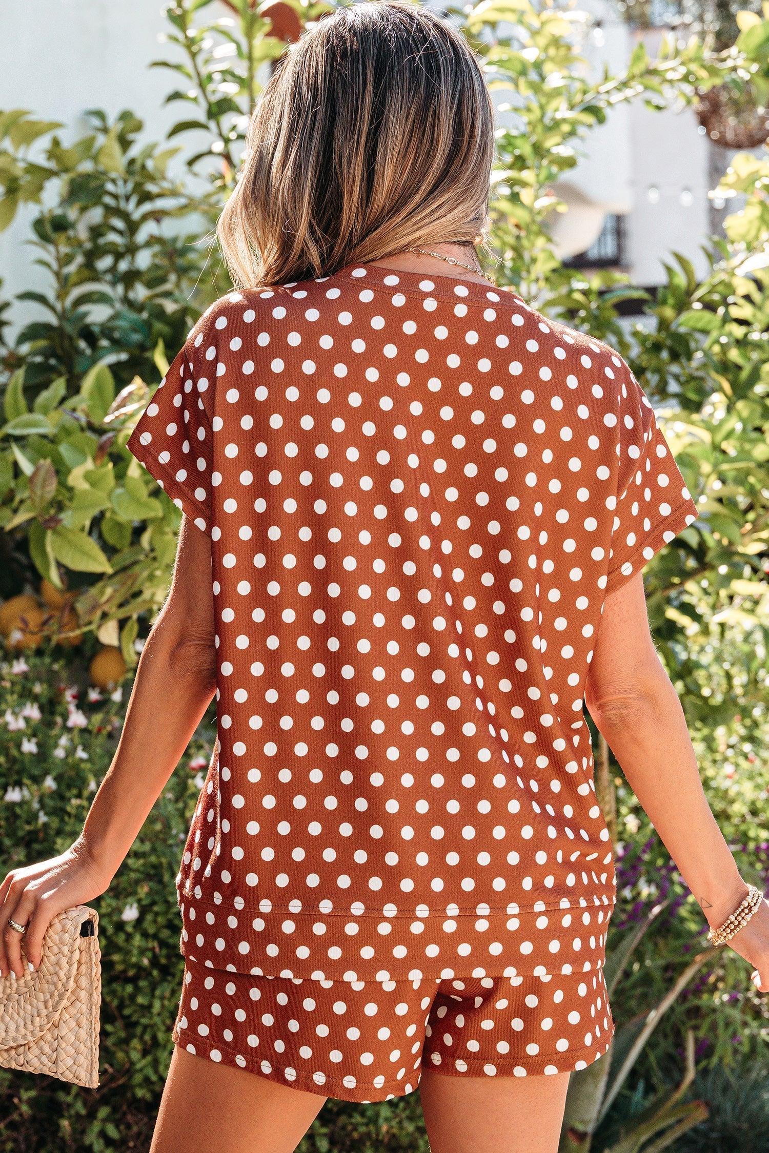 Polka-Dot Print Short Set in Brown