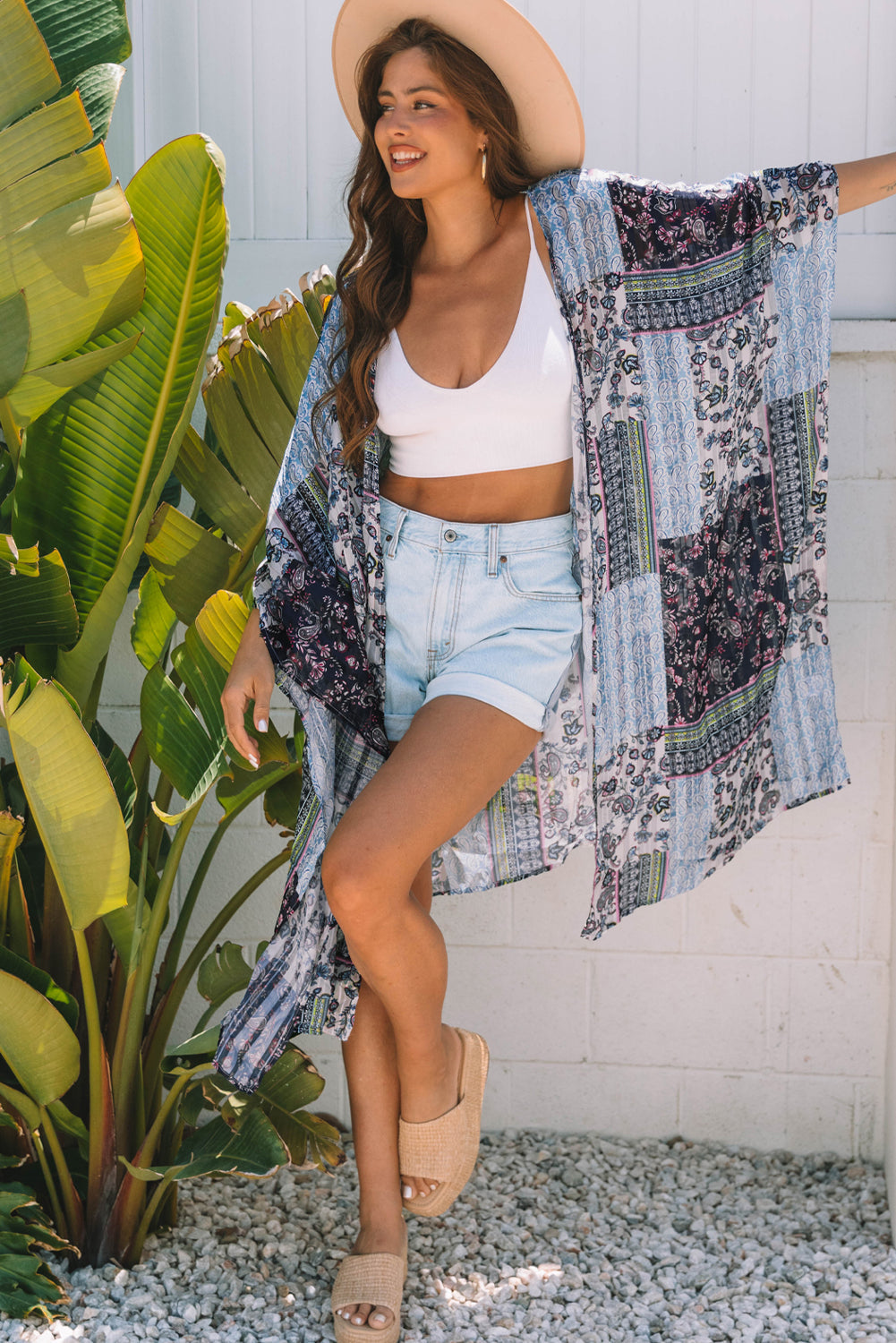 Long Retro Floral-Print Loose Open-Front Kimono in Blue