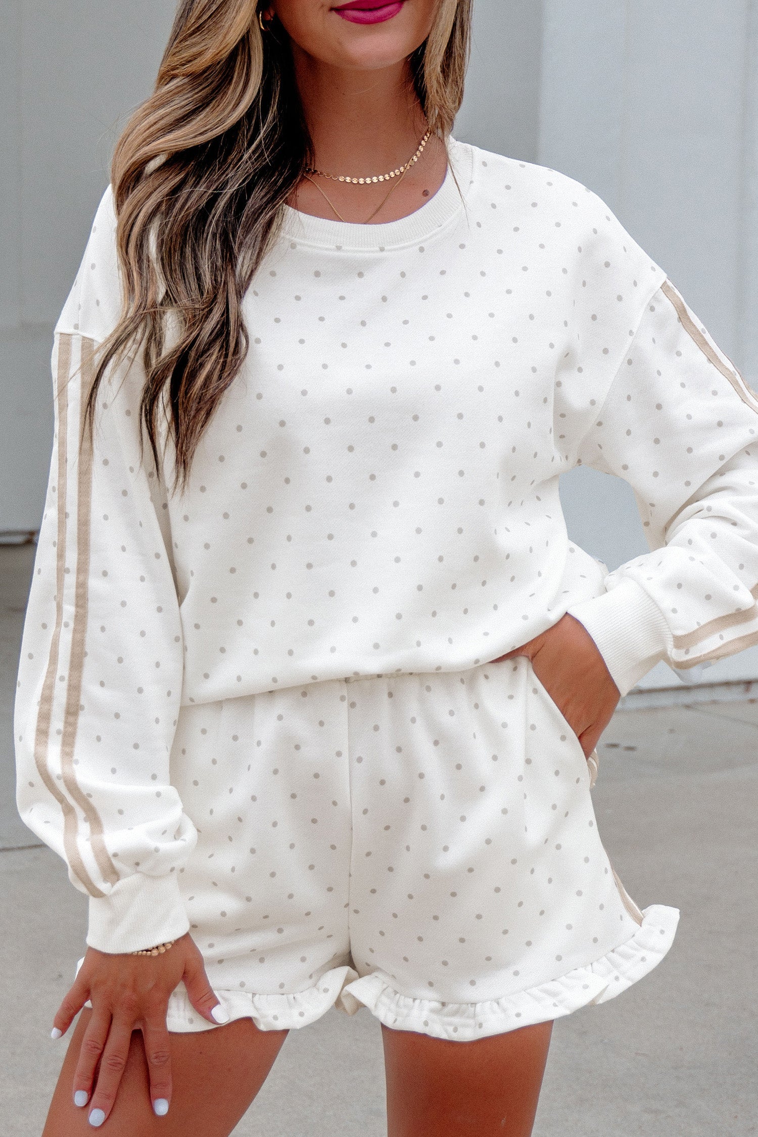 Polka-Dot Print Side Stripe Everyday Sweatshirt 2pcs Short Set in White