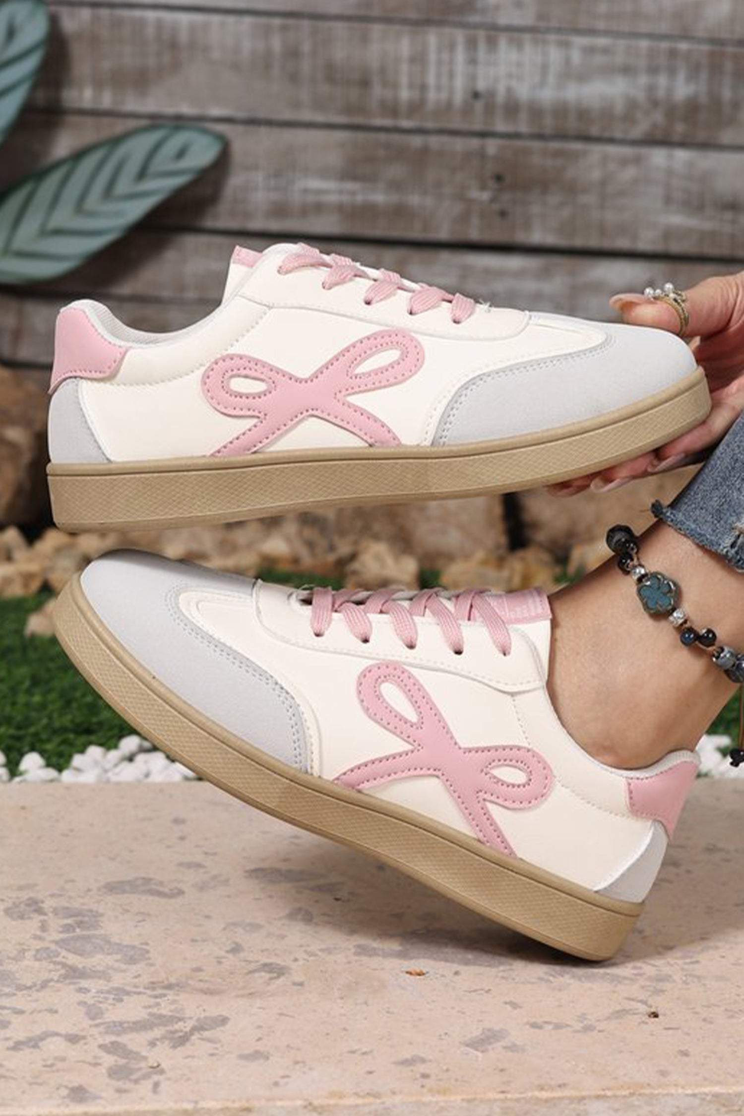 Pink Bow Cute Bow Patch Colorblock PU Leather Sneakers