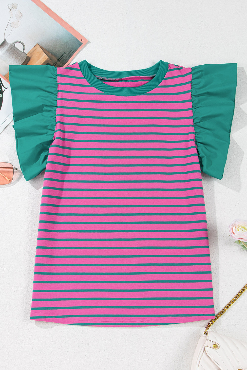 Pink Stripe Colorblock Ruffled Sleeve Blouse