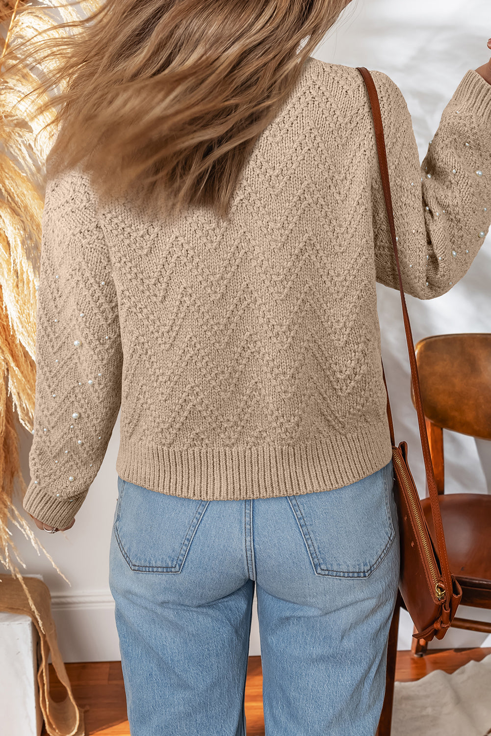 Pearl Front Embellished Button Cardigan Knit Top in Smoke Gray