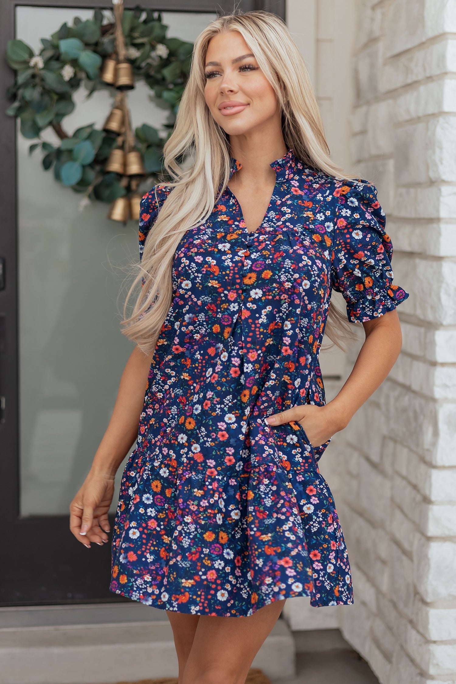 Floral Wild Daisy Split Neck Short Puff Sleeve Mini Dress in Blue
