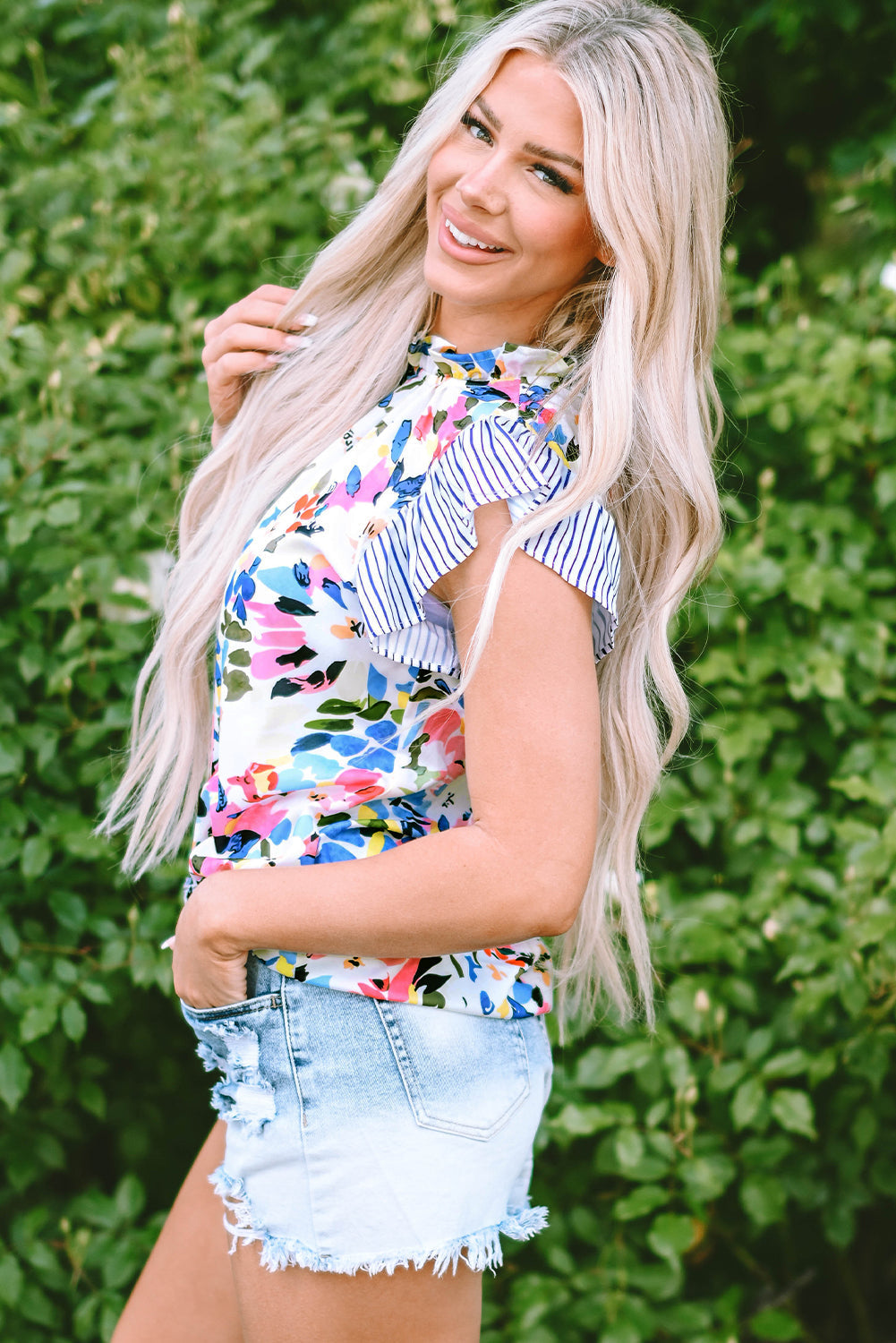 Blouse Rayée À Imprimé Floral Et Manches À Volants