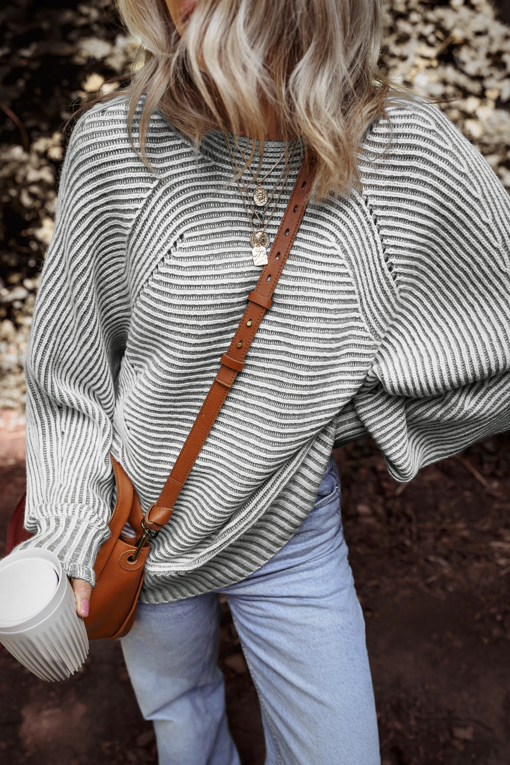Striped Print Rib-Knit Knit Boat Neck Baggy Knit Top