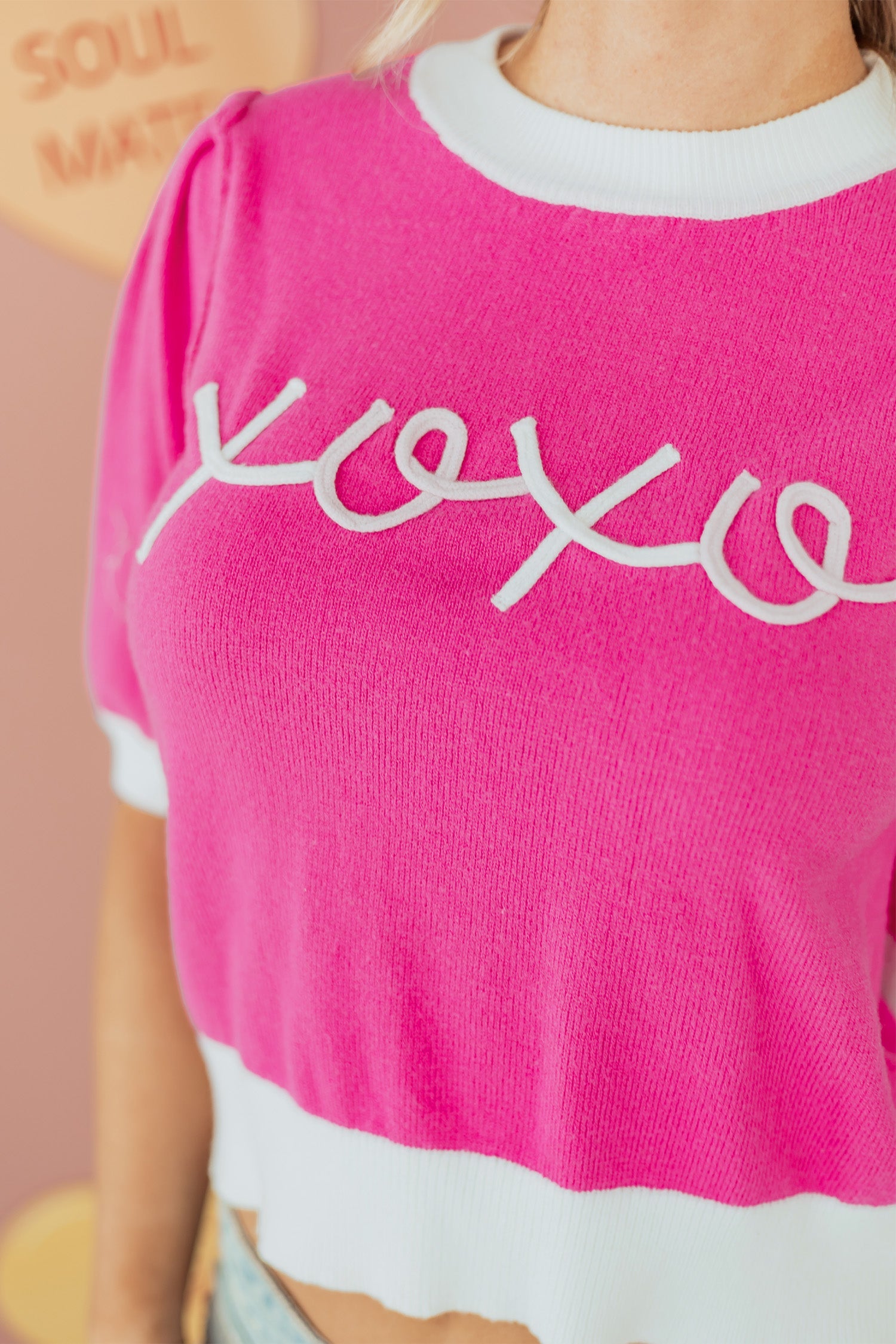 Graphic XOXO Embroidered Valentines Contrast Trim Crew-Neck Short Puff Sleeve Knit Top Tee