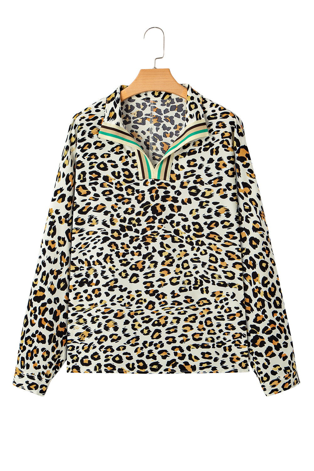 Leopard-Print Contrast Striped V-Neck Blouse