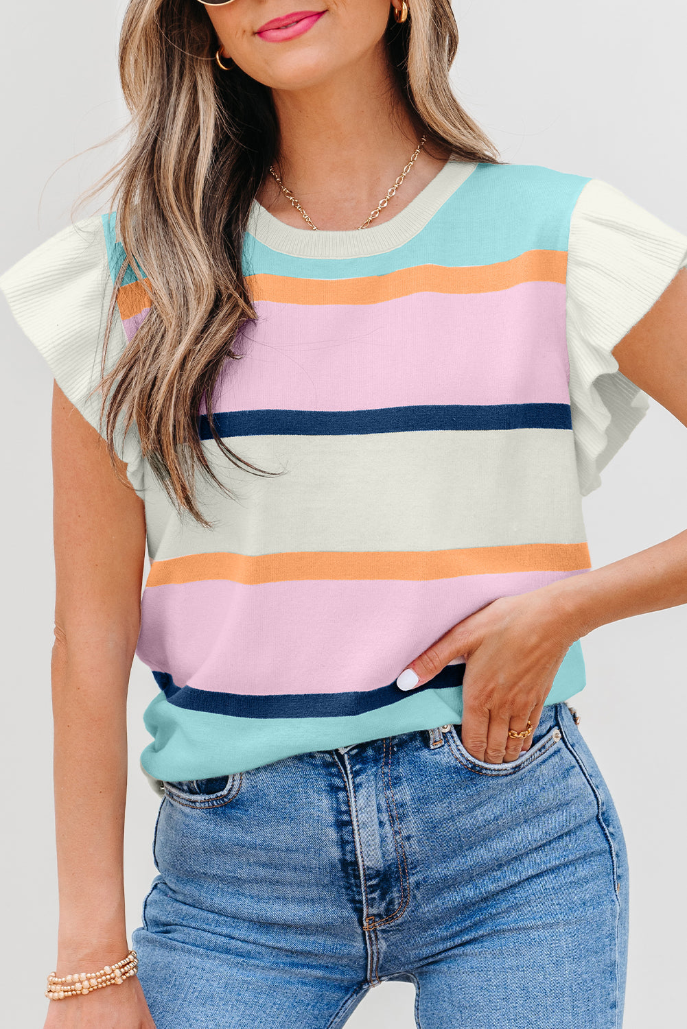 Flutter Striped Colorblock Sleeve Patchwork Knit Top Top