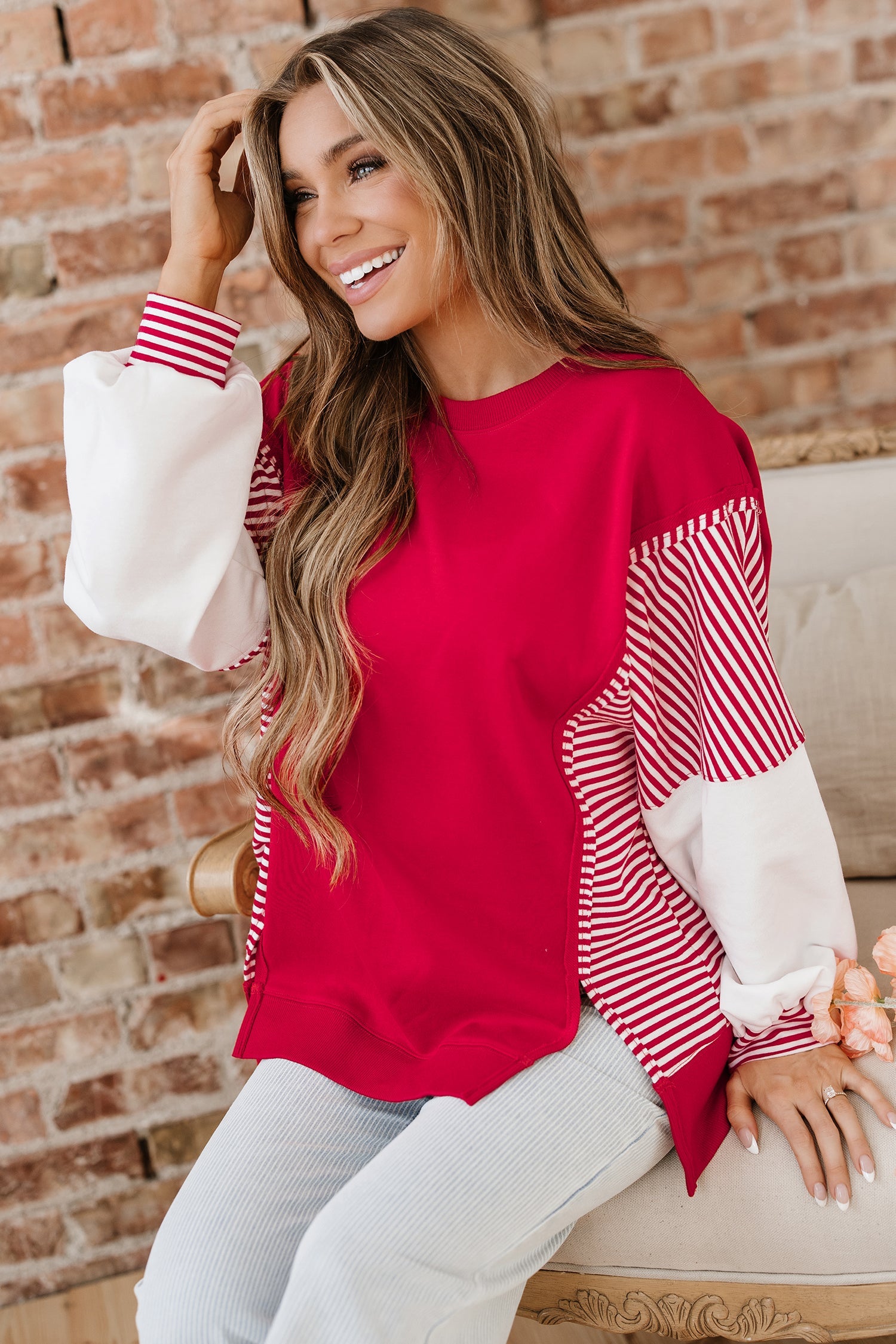 Striped Patchwork Sleeve Colorblock Sweatshirt