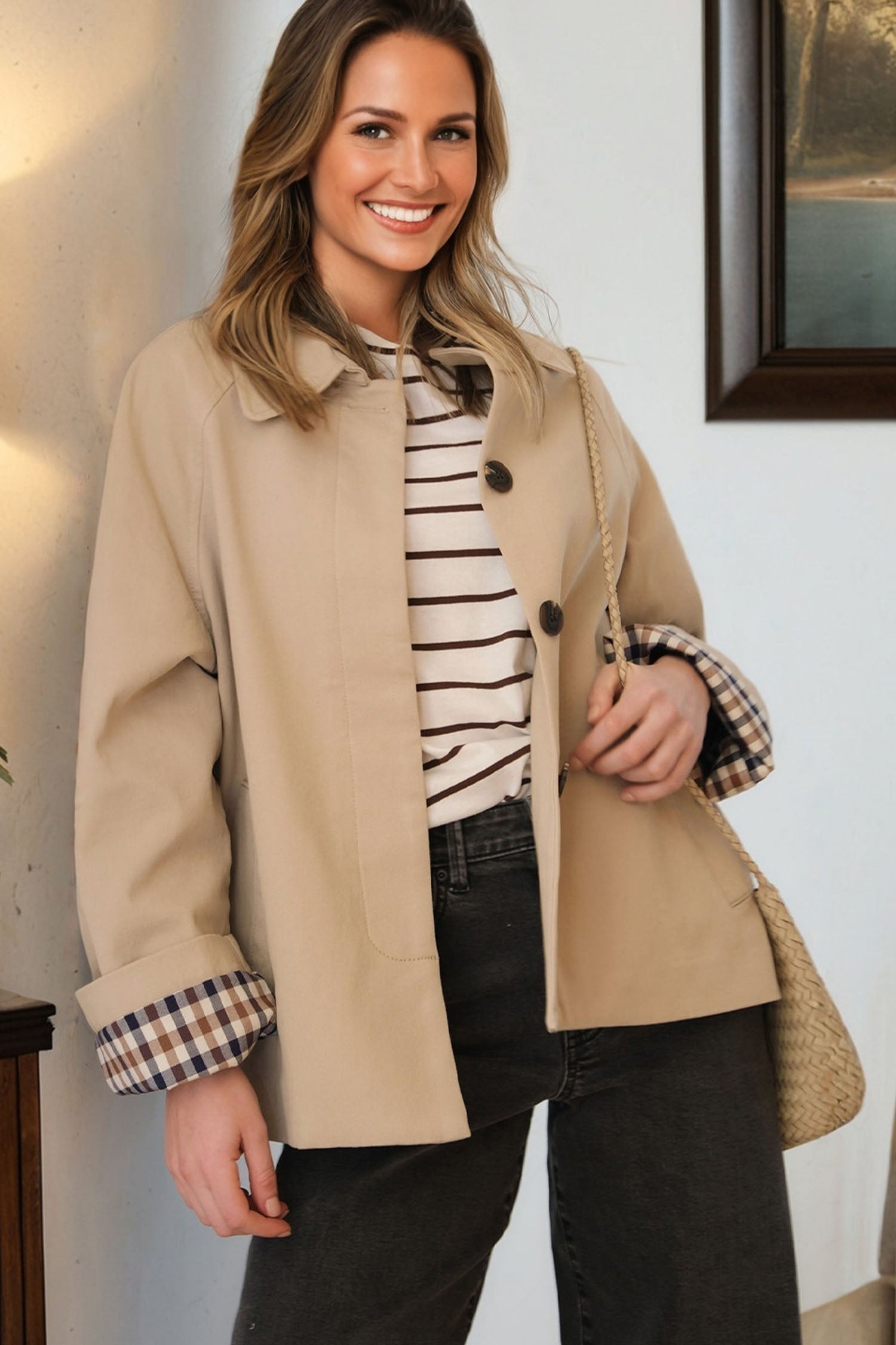 Patchwork Plaid Liner Single Breasted Trench Coat in Parchment