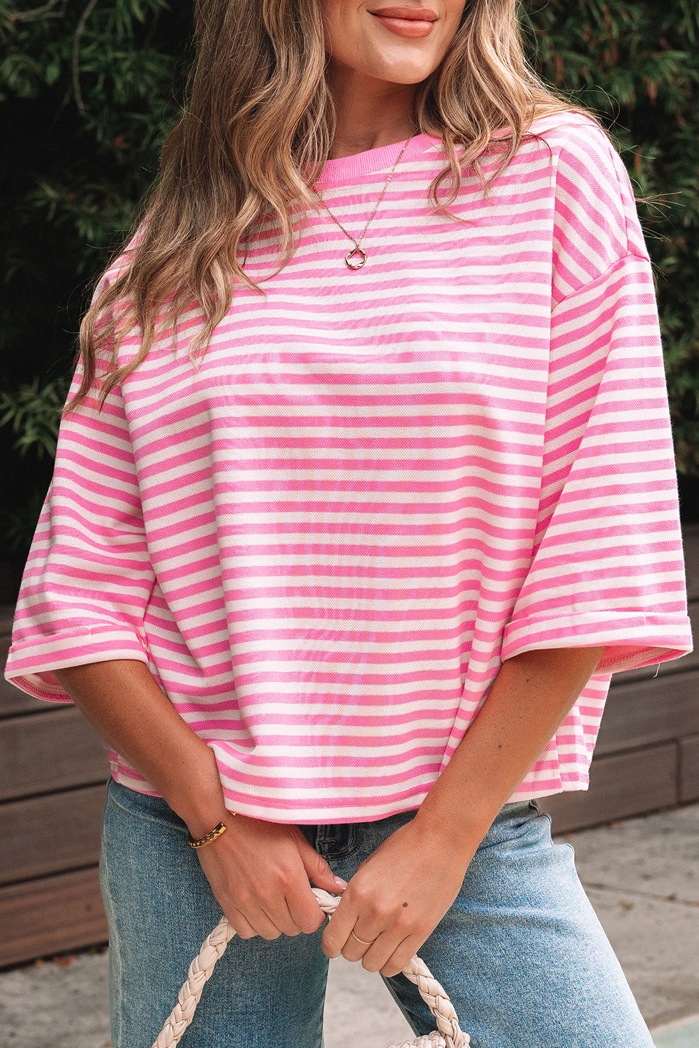 Back Bowknot Cutout Drop-Shoulder Wide Bracelet Sleeve Loose Tee