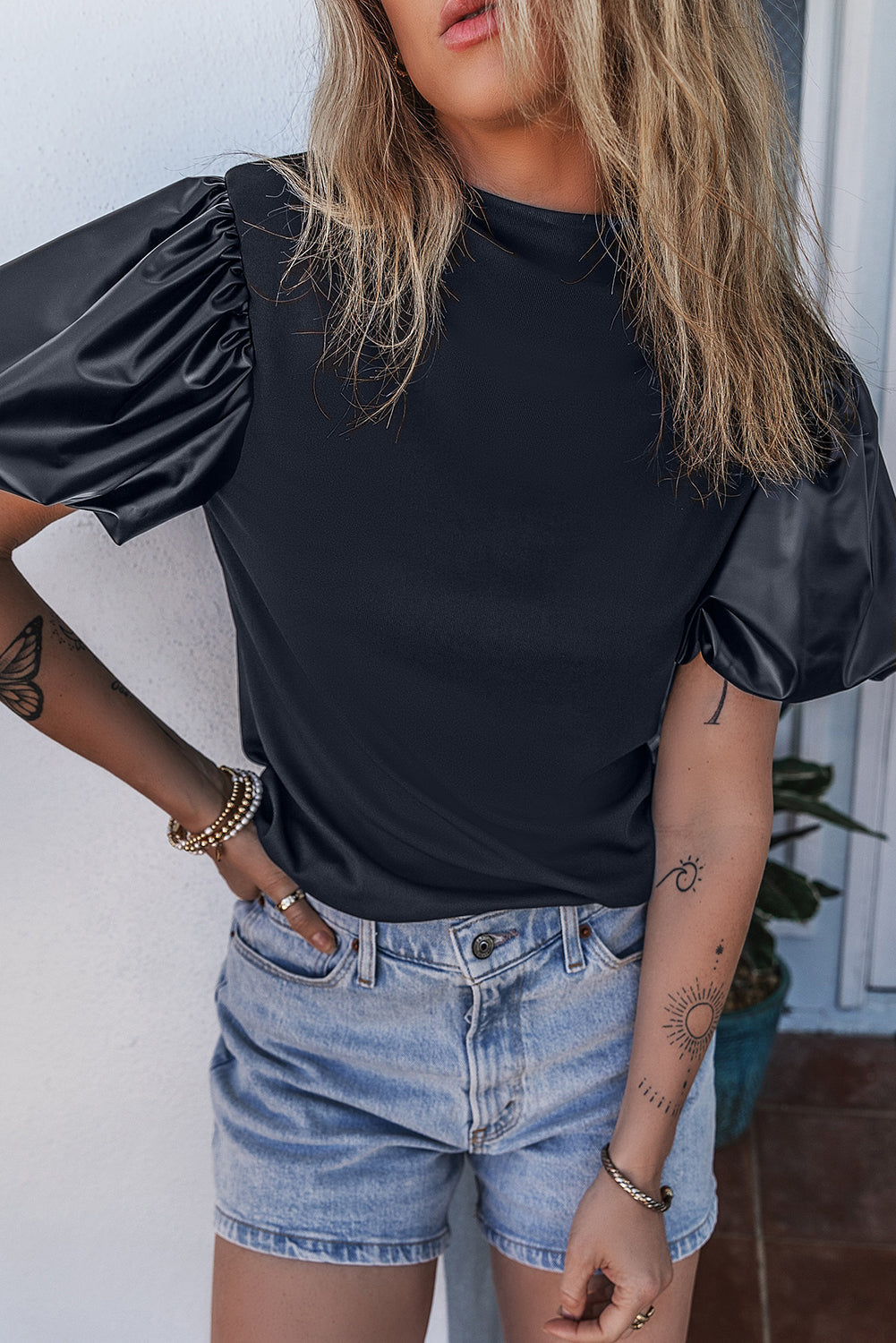 Women's Puff Mock Neck Faux Leather Top