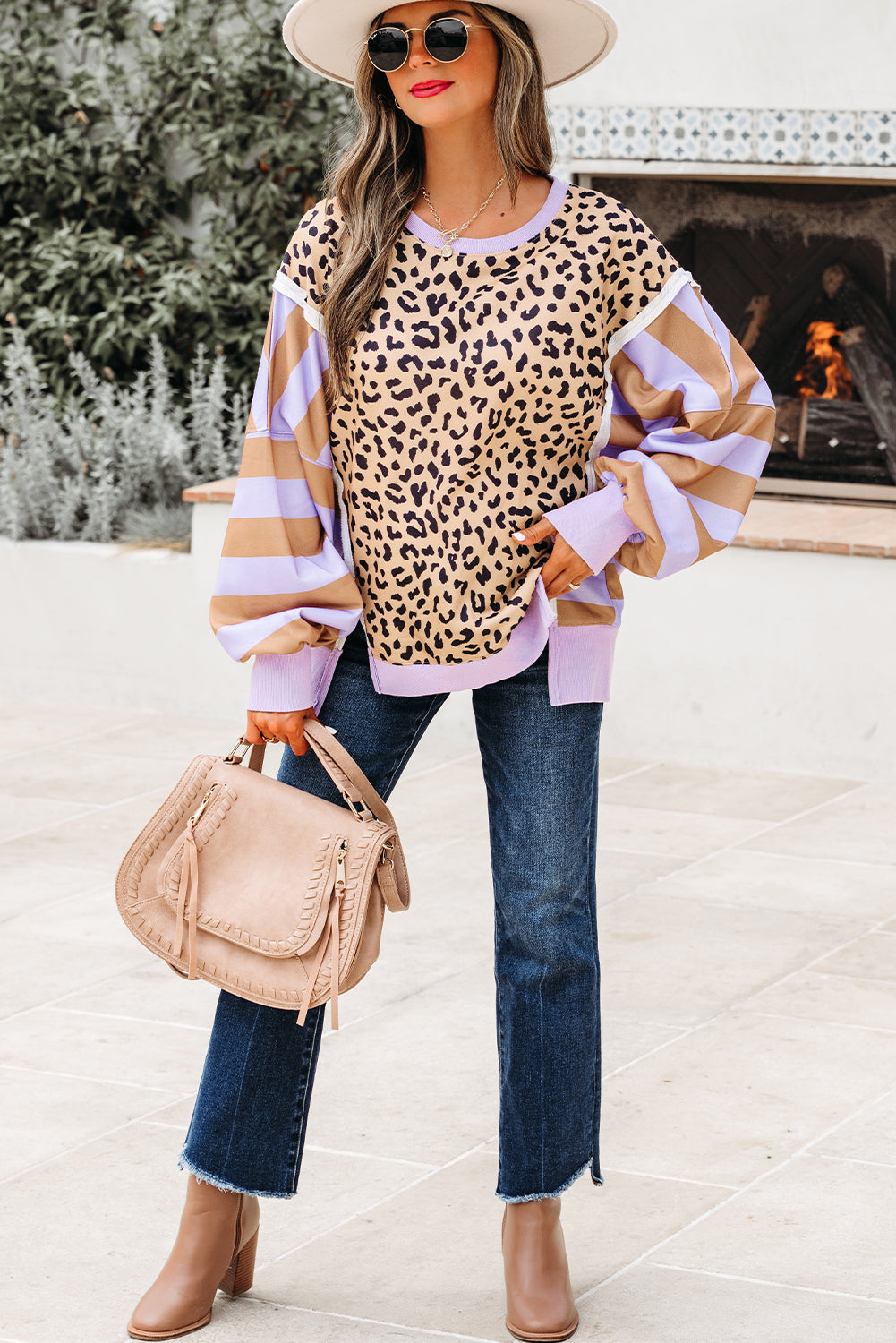 Leopard Colorblock Patchwork Everyday Sweatshirt with Slits