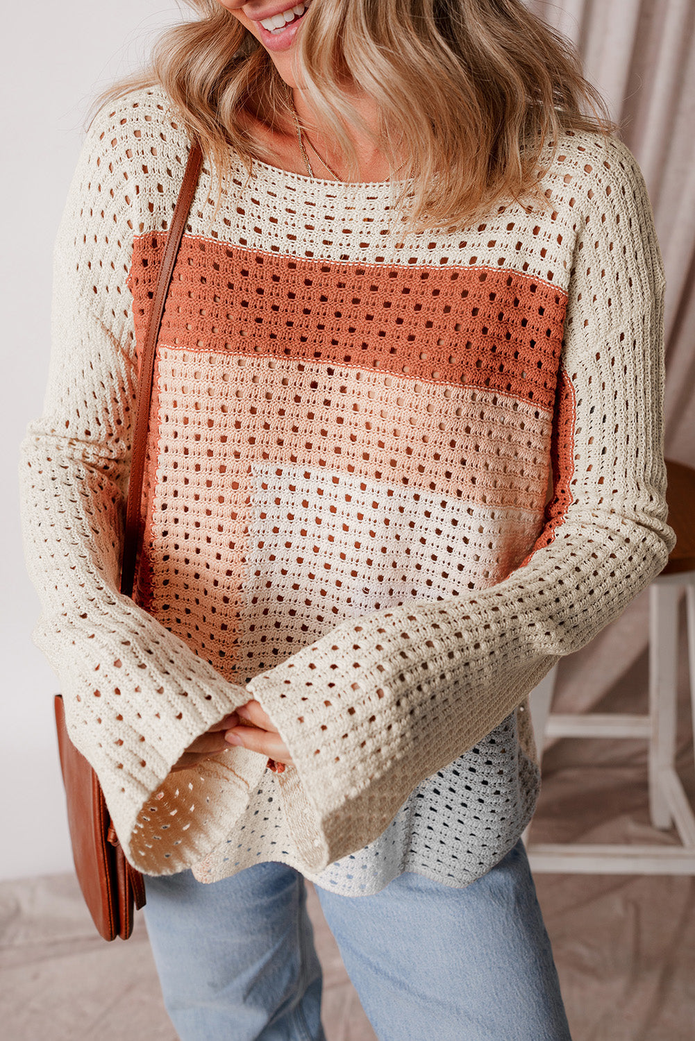 Pull ample en tricot pointelle color block