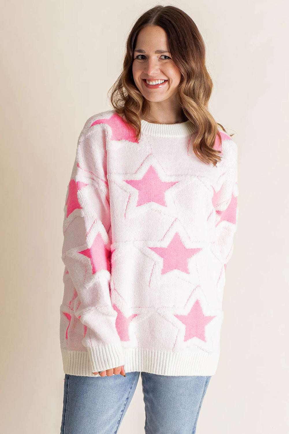 Roomy Cute Star Pattern Rib-Knit Edge Drop-Shoulder Knit Top