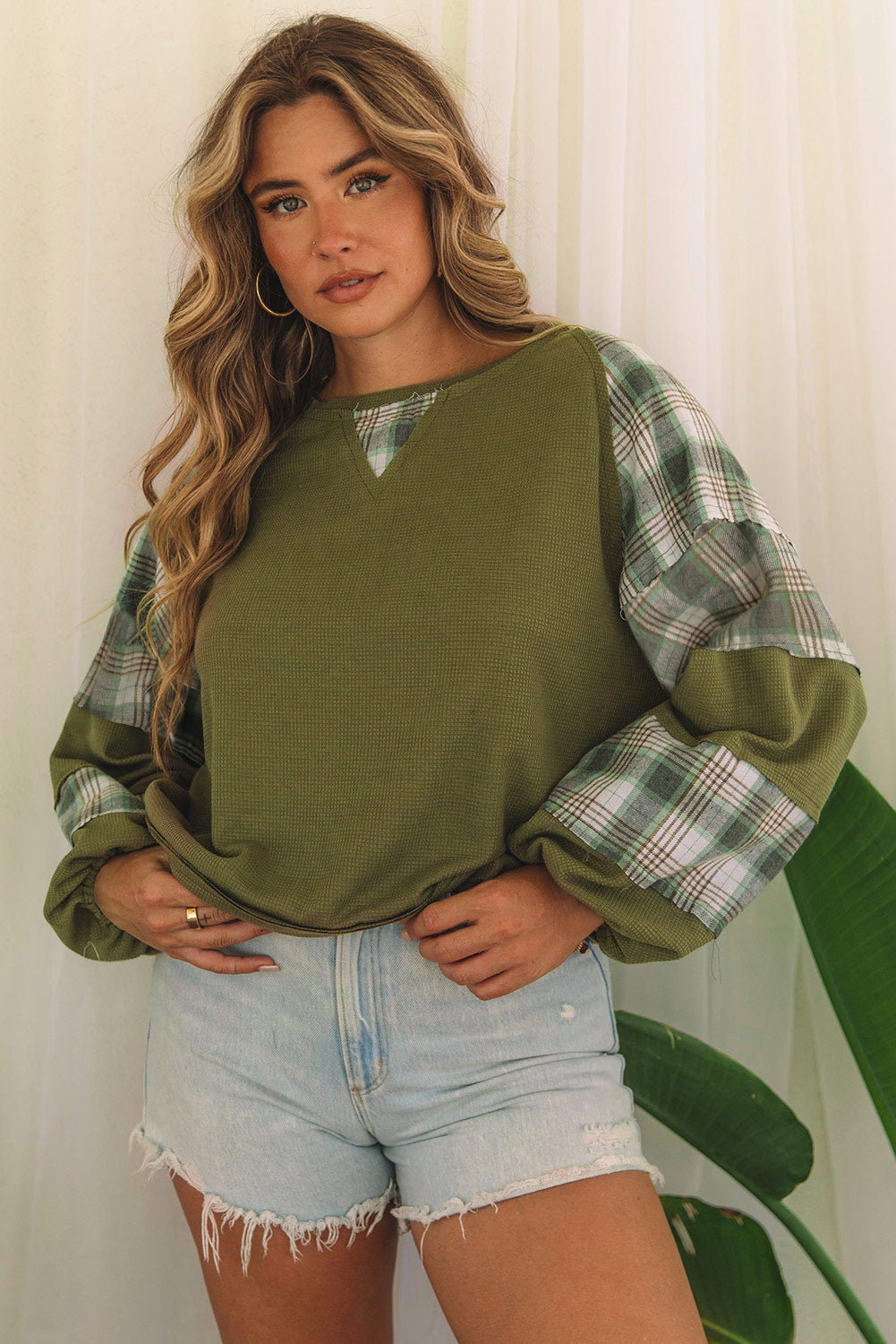 Women's Top with Bubble Sleeve Plaid Knitted