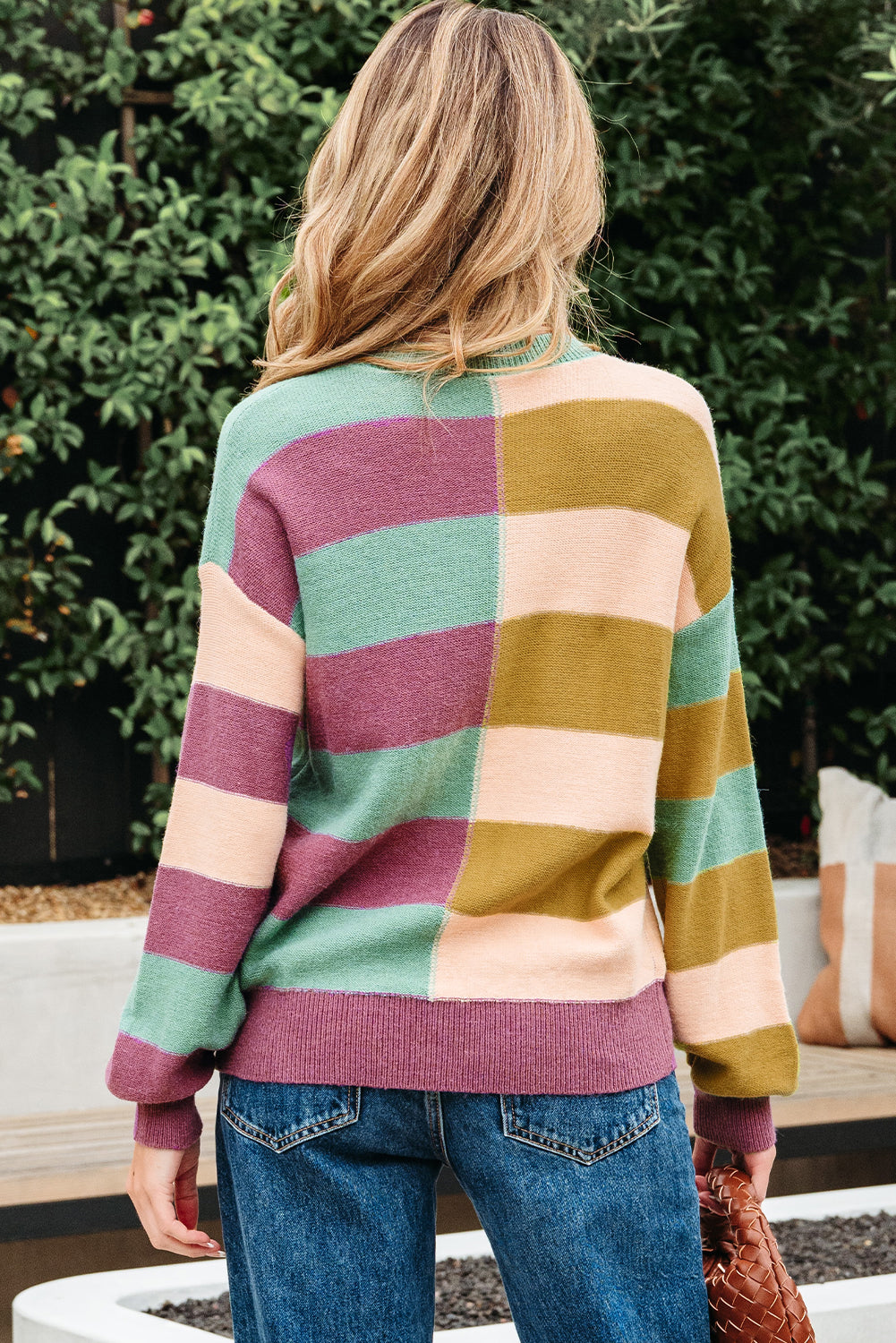 Drop-Shoulder Rib-Knit Stripe Rib-Knit Edge Everyday Knit Top in Green