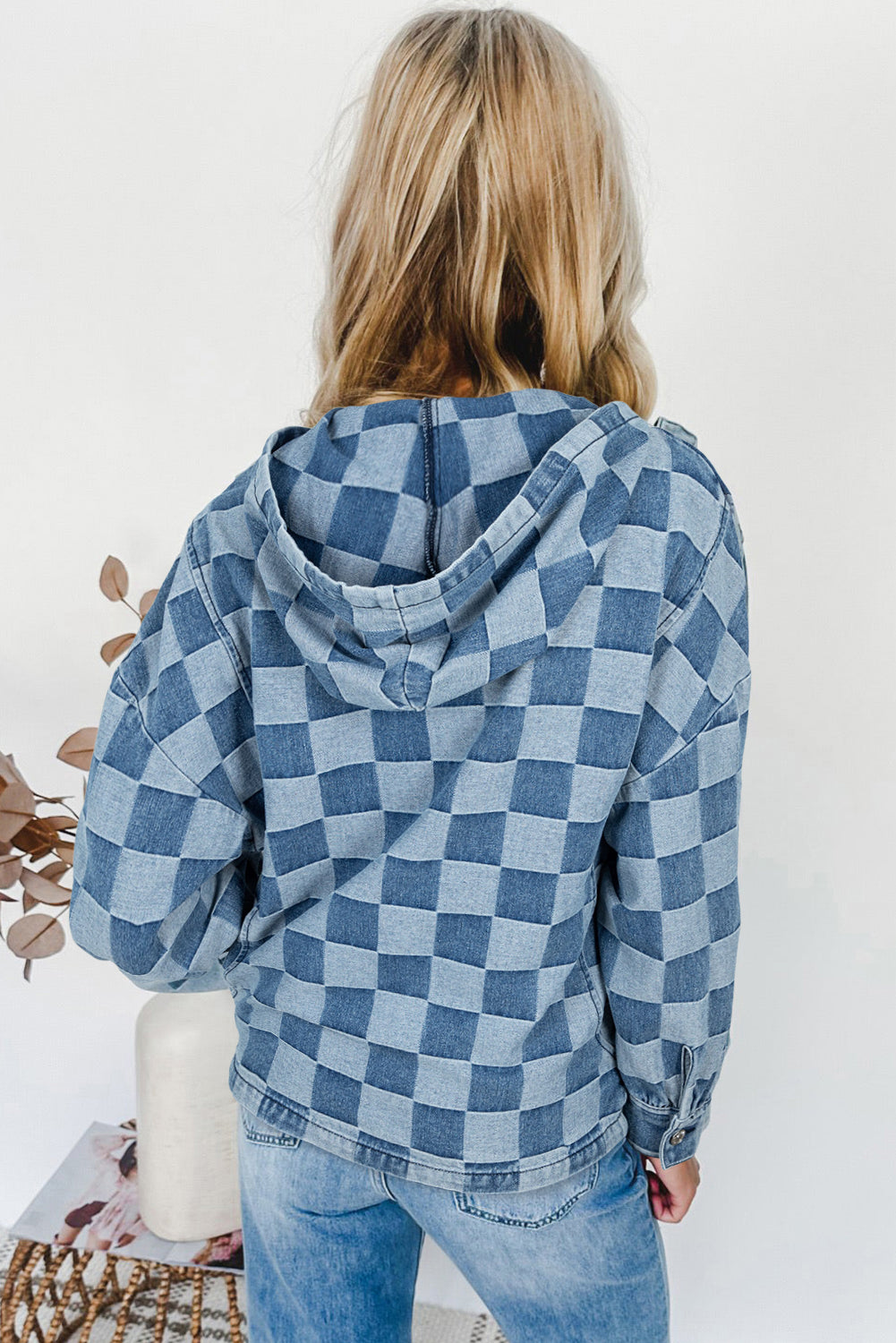 Neck Checkerboard Zip Kangaroo Pocket Denim Hoodie