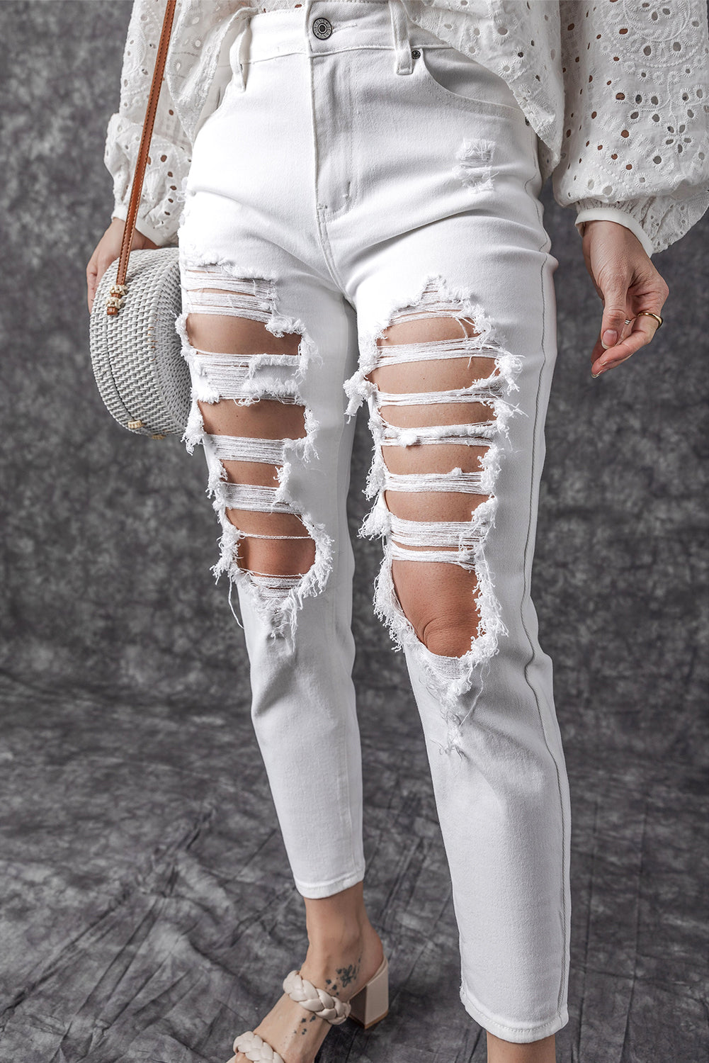 Jean skinny taille haute blanc déchiré et déchiré