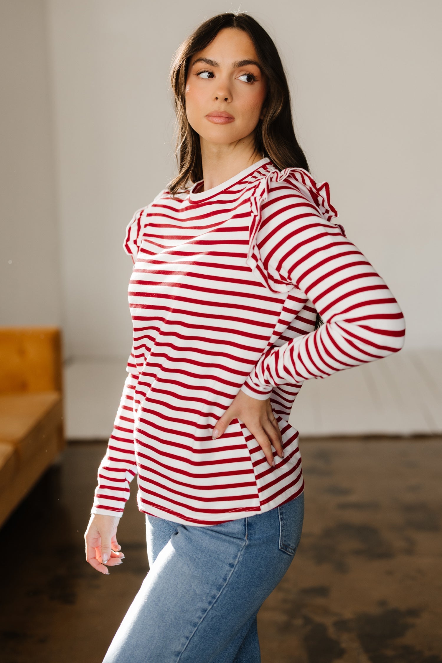Ruffle Stripe Round-Neck Trim Long-Sleeved Top in Red