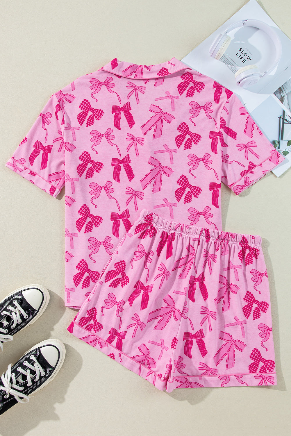 Half Bow Print Sleeve Shirt and Shorts Pajamas Set