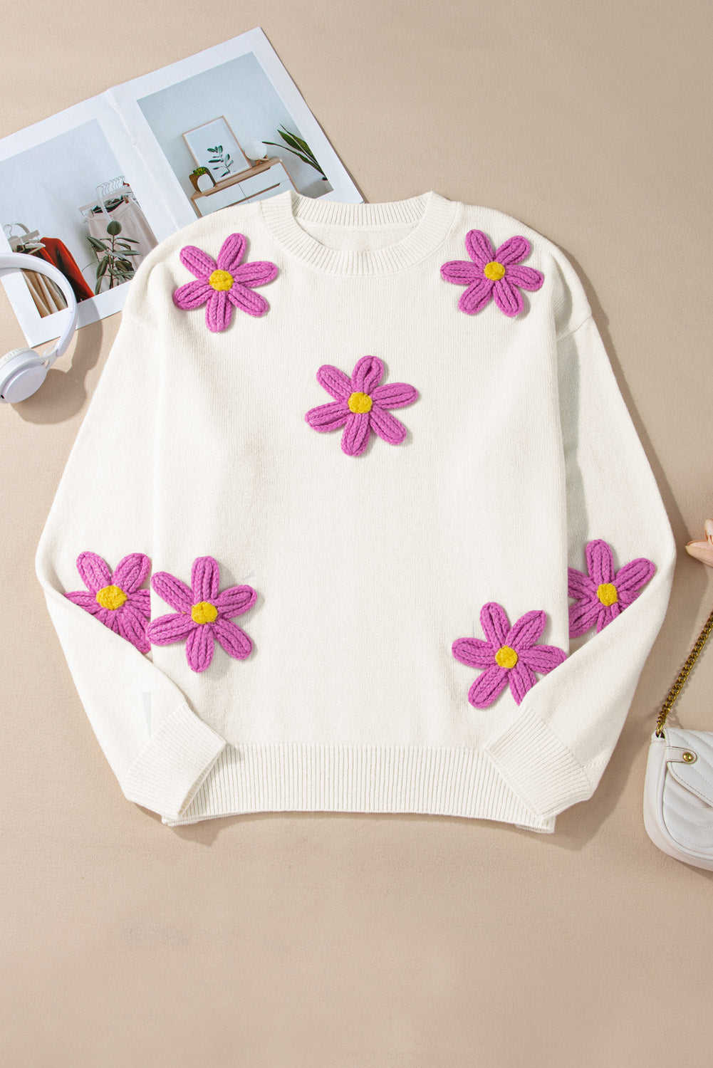Women's Knit Sweater with Plus Size Flower Crochet