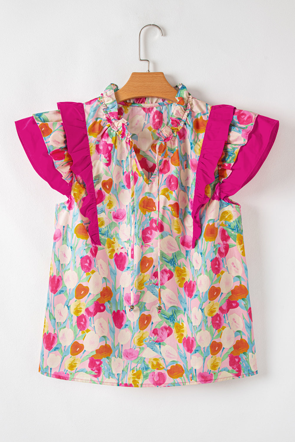 Pink Floral Layered Ruffle Flutter Sleeve Blouse
