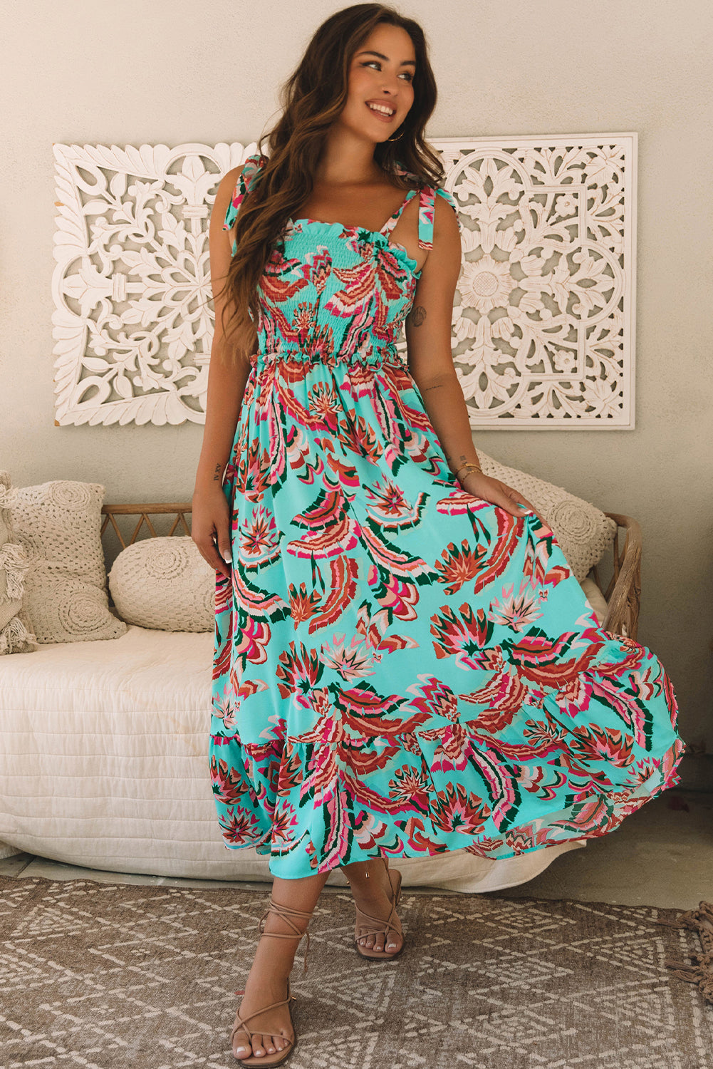Abstract Print Smocked Bodice Knotted Straps Ruffled Maxi Dress
