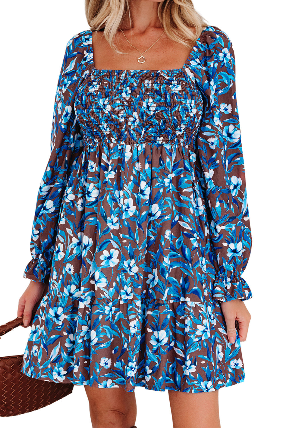 Smocked Bodice High-Waisted Ruffled Sleeve Floral Dress