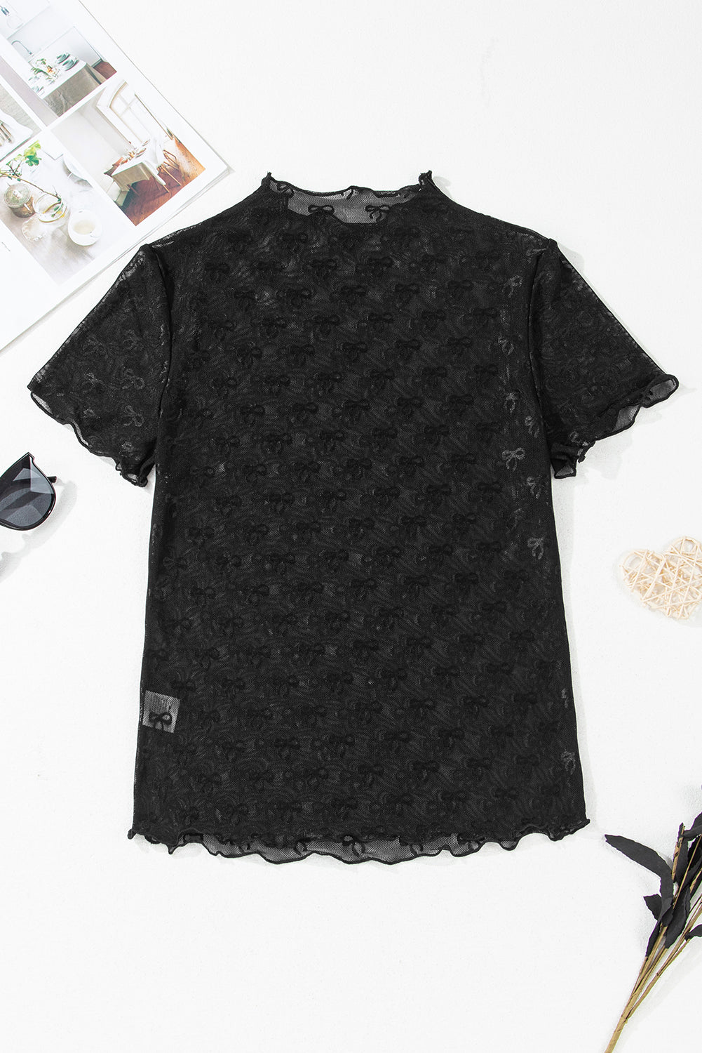Black Bowknot Sheer Mesh Mock Neck Top