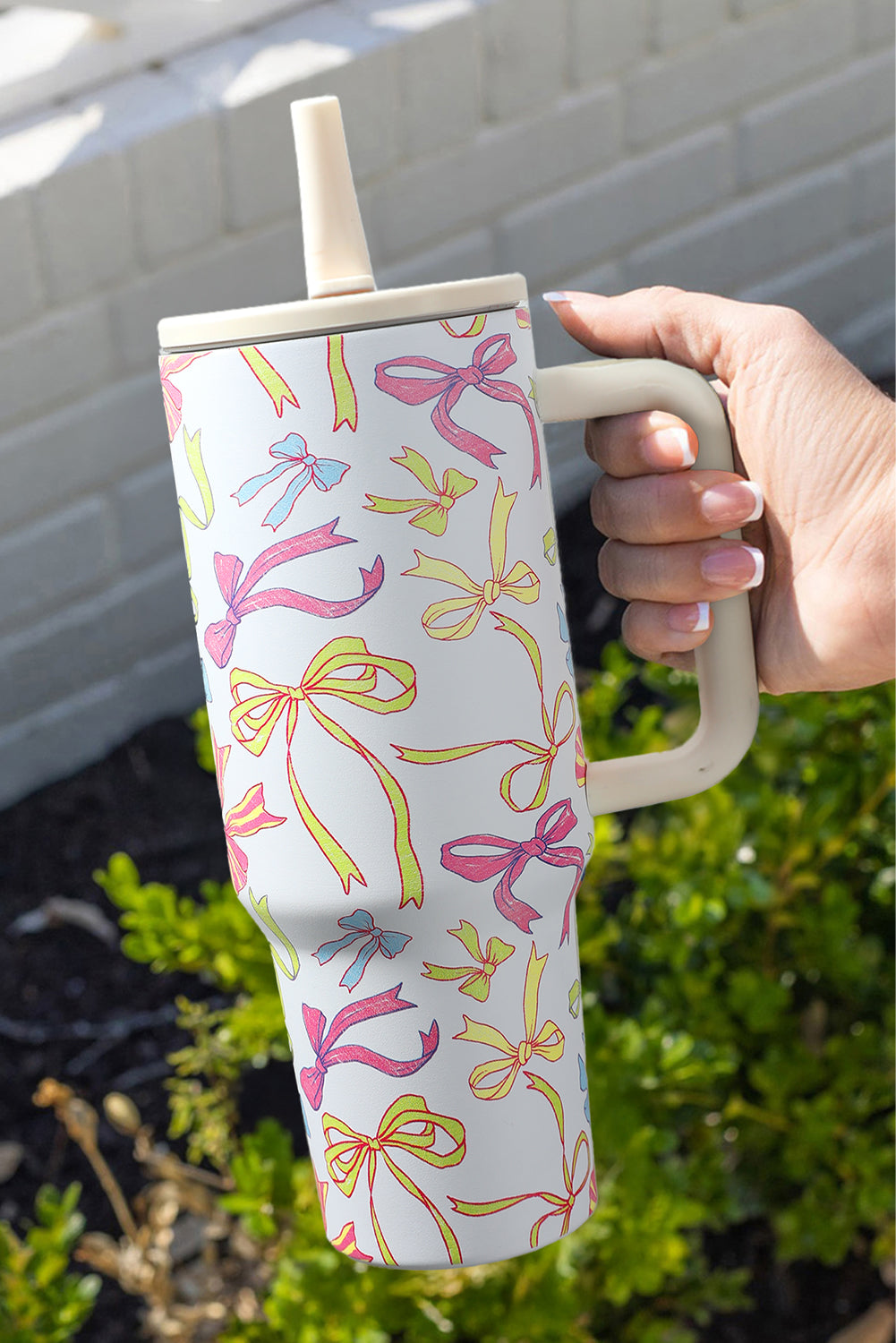 Bow Knot Print Handle Straw Insulate Tumbler 40oz