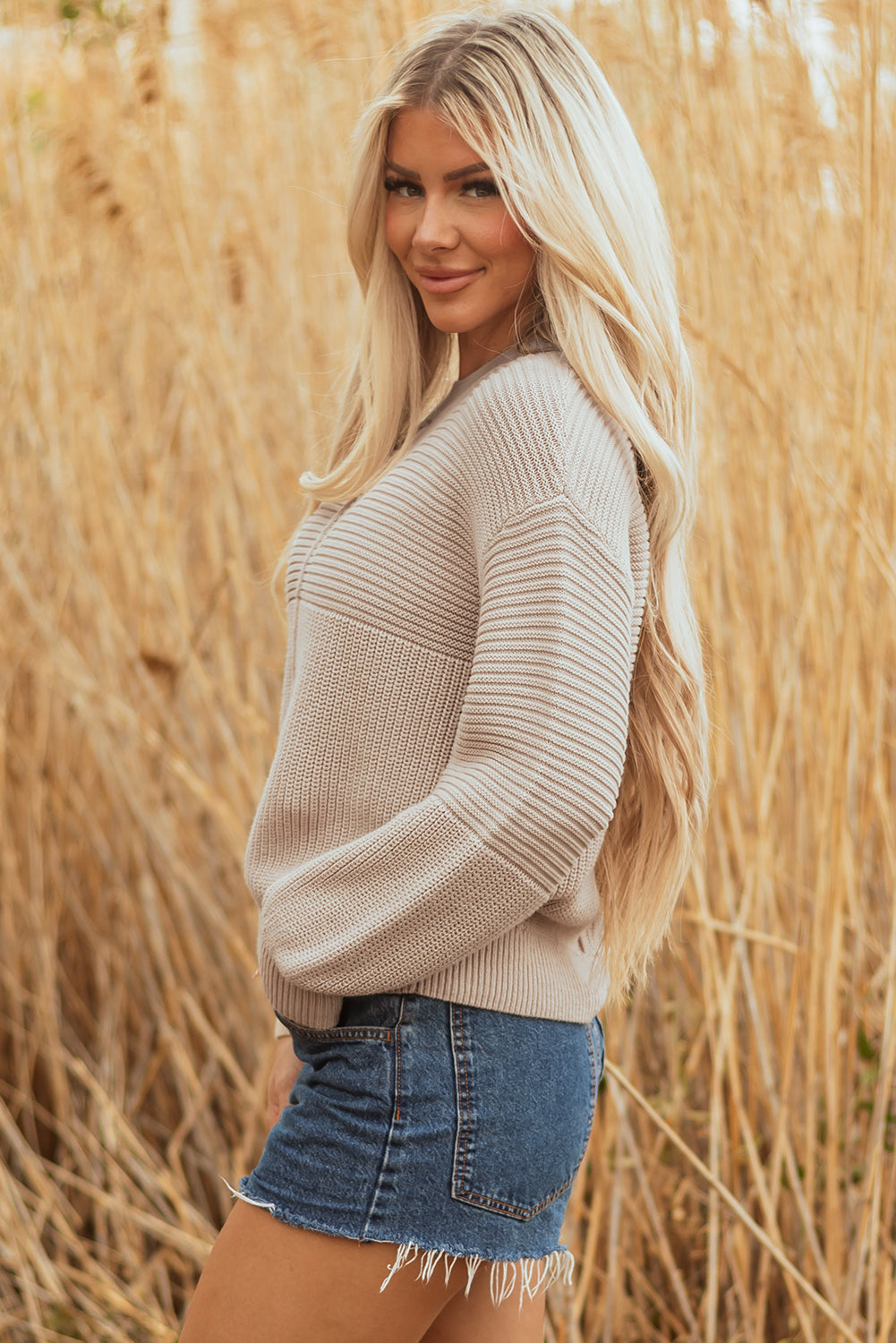 Texture Patchwork Mixed Patchwork Knit Puff Sleeve Knit Top