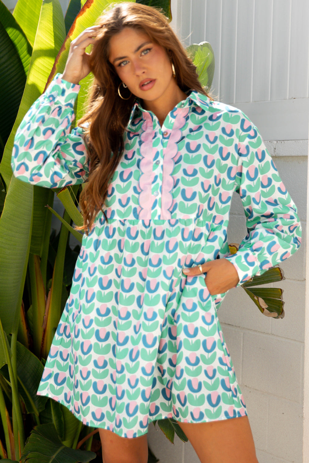 Floral-Print Scalloped Notched Neck Detail Long-Sleeved Mini Dress