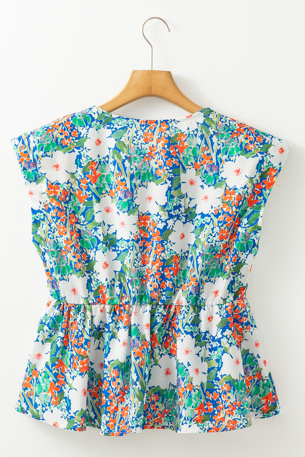 Bow Applique Floral-Print Applique Slit Sleeveless Peplum Blouse