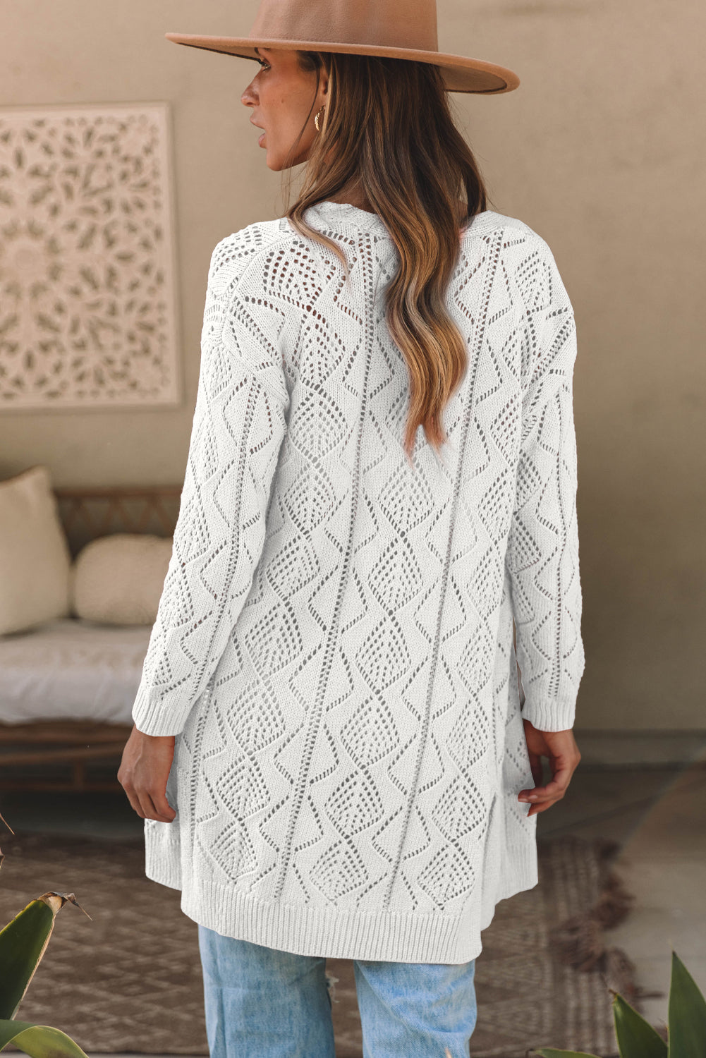 Openwork Knit Hollow-out Knit Cardigan in White