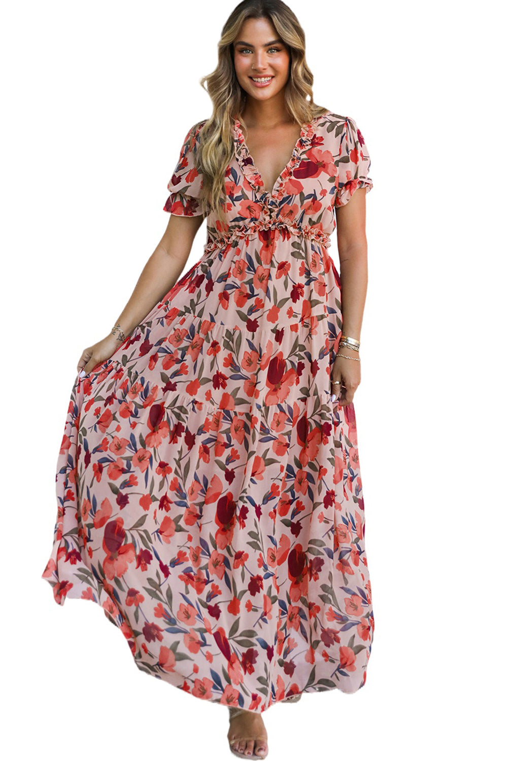 V-Neck Floral-Print Frilled Short-Sleeved Maxi Dress in Red