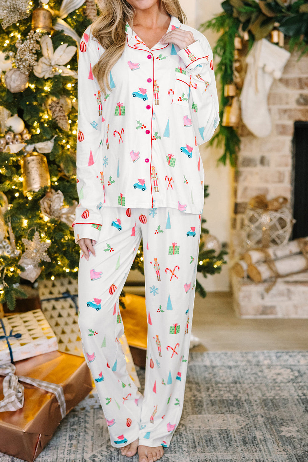 Lapel Christmas Print Shirt and Pants Sleepwear