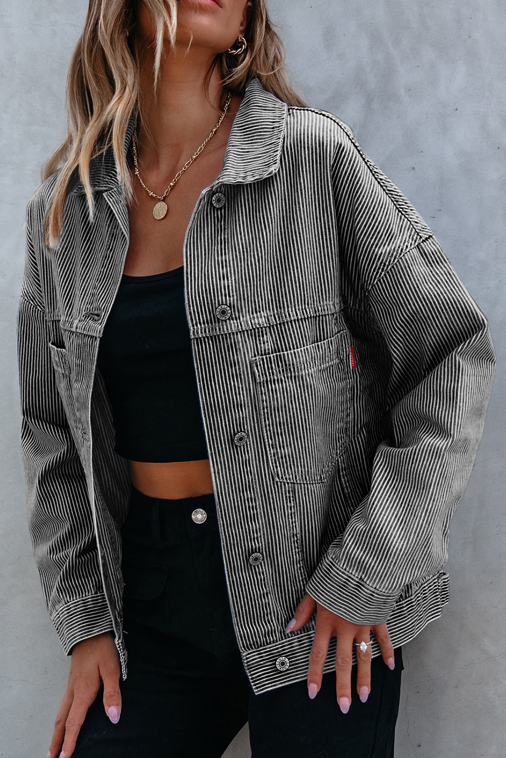 Washed Oversize Stripe Oversize Pocket-Detail Denim Jacket in Blue