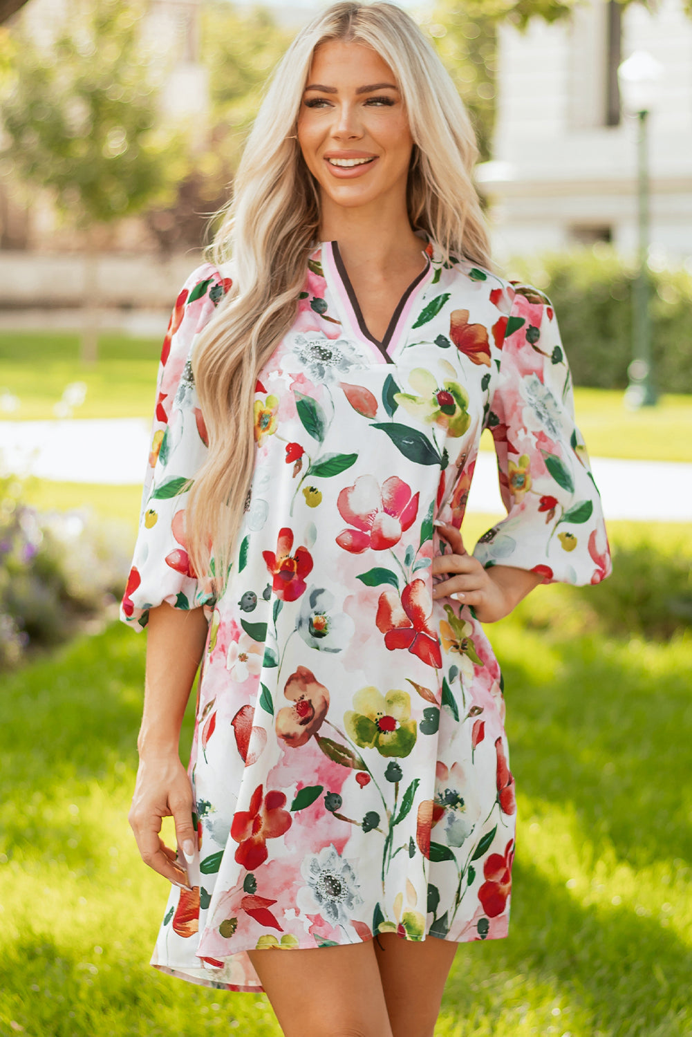 Floral V-Neck Contrast Striped Puff Half Sleeve Shift Dress