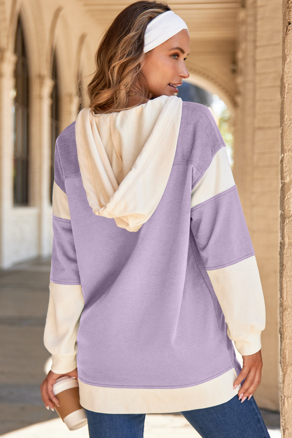 Waffle Contrast Knit Colorblock Patchwork Button Front Oversize Hoodie