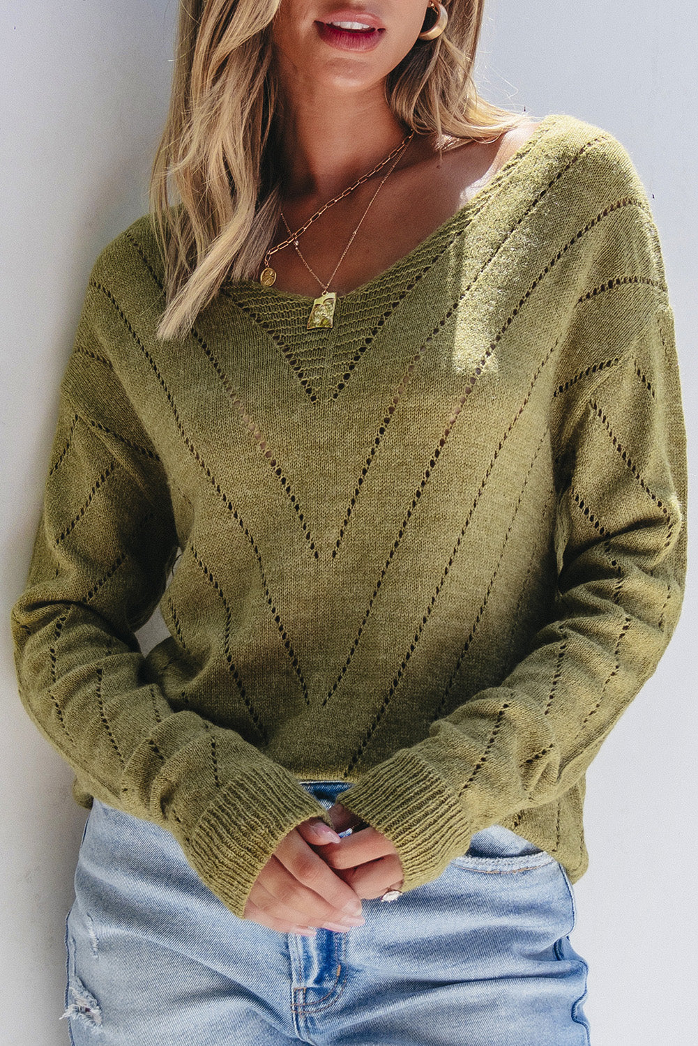 Solid Eyelet Drop Shoulder V Neck Sweater